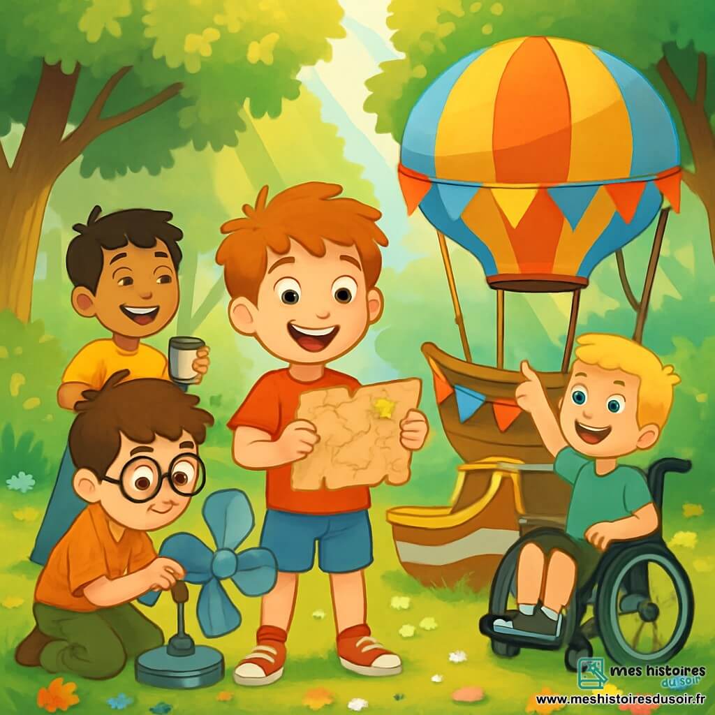 Quatre enfants se tiennent dans une clairière ensoleillée : Max, 10 ans, souriant avec une carte au trésor, Léo, 10 ans, en train de réparer un ventilateur, Tom, 10 ans en fauteuil roulant, pointant vers le ciel, et Jules, 10 ans, riant avec une boîte de conserve. Leur engin fait maison, un mélange de montgolfière et de bateau, est coloré et décoré de papier. Ils préparent leur engin pour un vol d'aventure, entourés de rires et d'excitation.