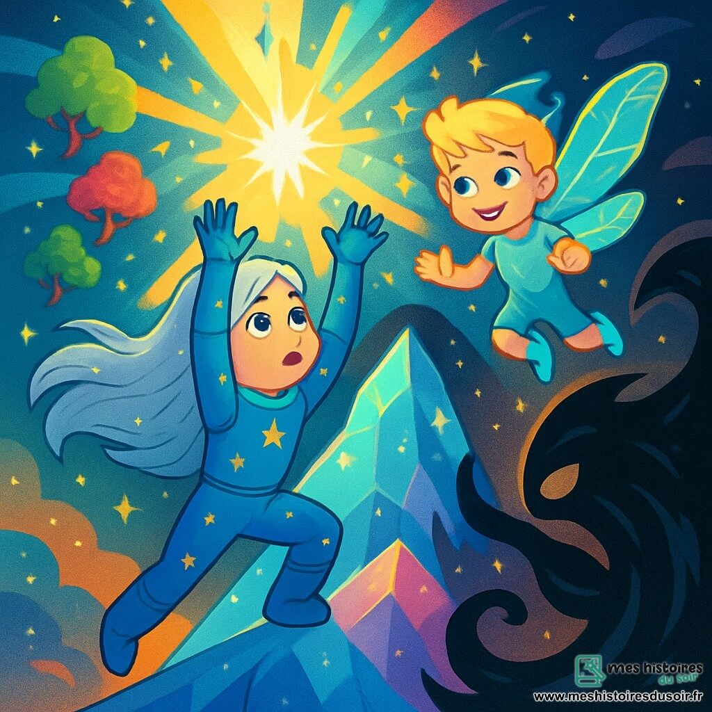 Une jeune femme nommée Lyra, avec de longs cheveux argentés, porte une combinaison spatiale ornée d'étoiles. Elle lève les bras vers une lumière éclatante qui l'entoure. À ses côtés, un Gardien de la Magie, une créature lumineuse ressemblant à un jeune garçon de 10 ans, l'encourage. Le décor est une montagne de cristal où des éclats de lumière colorée dansent et des arbres flottants aux couleurs vives s'élèvent. Lyra, courageuse, défie une ombre noire menaçante tandis que la lumière des étoiles illumine la scène magique.