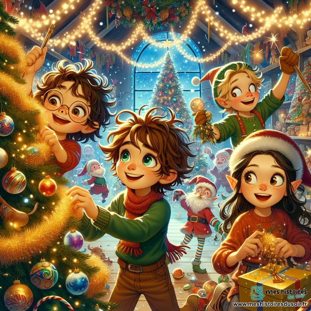 Au centre de l'image, Maxime, un garçon de neuf ans aux cheveux ébouriffés, décore un sapin de Noël avec des guirlandes scintillantes. À sa droite, Clara, une fille aux cheveux bruns et bouclés, sourit en tenant une boule en verre, prête à l'accrocher. À gauche, Lucas, un garçon aux lunettes rondes, rit en tenant une guirlande dorée, tandis qu'Émilie, une fille aux cheveux raides et noirs, les observe avec émerveillement, tenant un paquet cadeau. Le décor est féérique, un atelier magique au Pays des Lutins, rempli de jouets colorés et de lutins joyeux, avec des flocons de neige tombant doucement. Les quatre amis travaillent ensemble pour décorer le sapin, entourés de lutins dansants, célébrant la magie de Noël et l'esprit d'amitié.