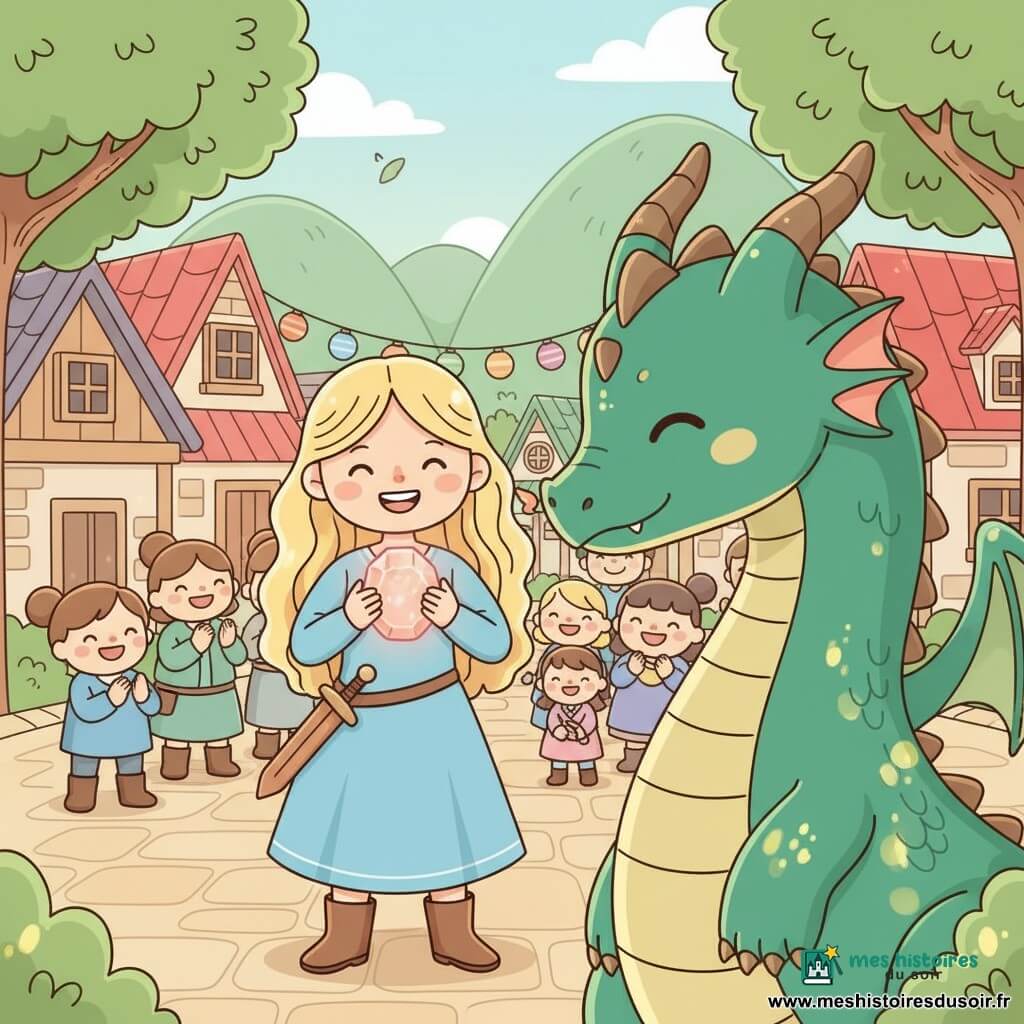 Elara, une fillette d'environ 12 ans souriante, tient au centre une pierre lumineuse rose-orangé qui scintille et éclaire doucement les visages ; elle a de longs cheveux blonds ondulés, une robe bleu ciel, des bottes en cuir et une petite épée en bois à la ceinture. À sa droite marche Drako, un grand dragon ami aux écailles vert émeraude et au museau fumant, inclinant la tête vers elle. En arrière-plan, des villageois ronds et joyeux applaudissent devant des maisons en bois aux toits rouges sur une place bordée de collines et d'arbres à feuilles étoilées ; l'ambiance est en couleurs pastel vives, contours arrondis, textures propres et arrière-plan légèrement flou, la lumière centrée sur la pierre pour focaliser l'attention.