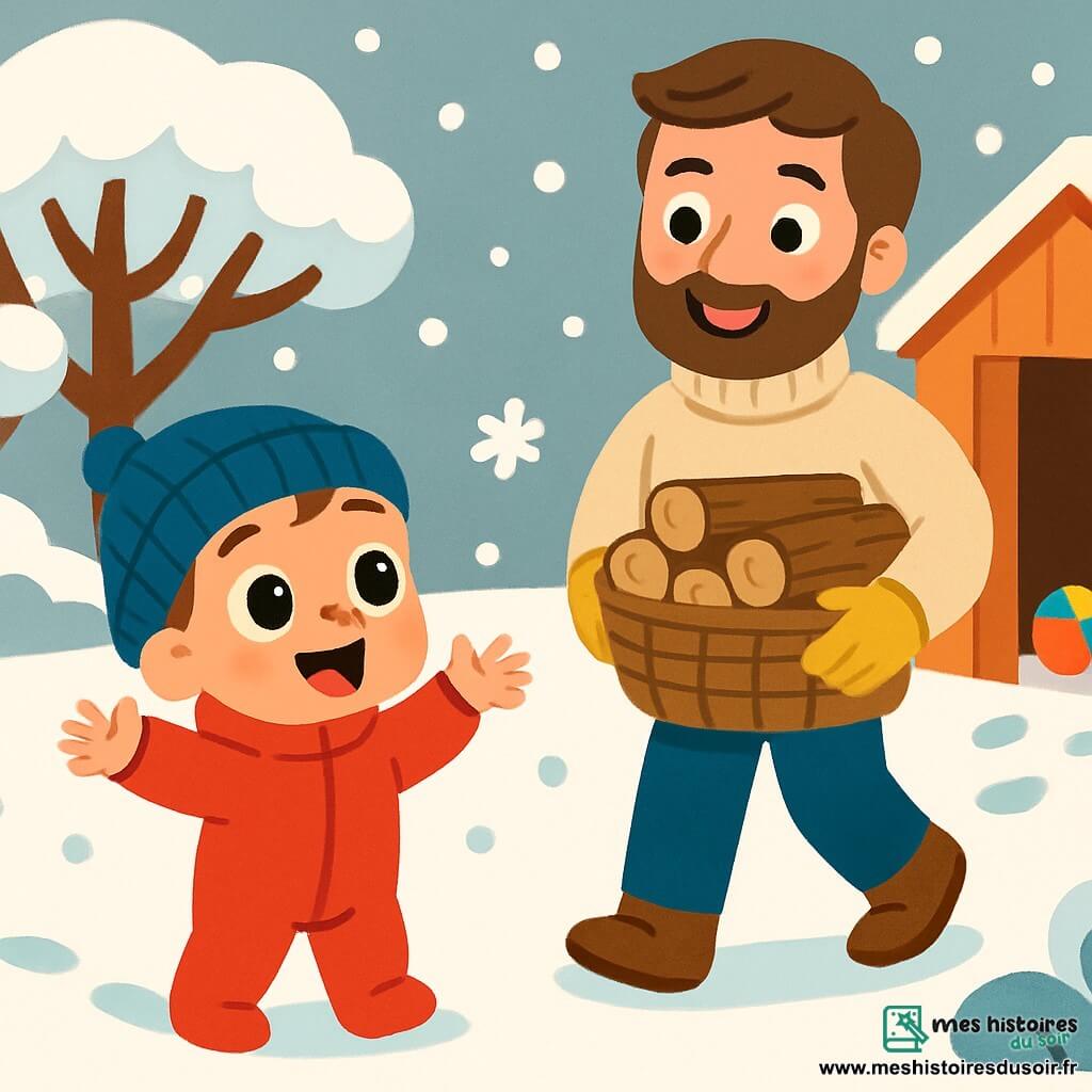 Un petit garçon de 2 ans, avec de grands yeux brillants et un sourire éclatant, porte une combinaison rouge et un bonnet bleu. Il ramasse des flocons de neige avec ses petites mains, plein de joie. À côté de lui, son père, un homme d'une trentaine d'années avec une barbe brune et un pull beige, sourit en tenant un panier de bûches. Ils sont dans un jardin enneigé, entourés d'arbres couverts de neige et de flocons tombant du ciel gris. La scène capture le bonheur simple de l'hiver, avec des traces de pas dans la neige et des jouets colorés dans un cabanon en bois.