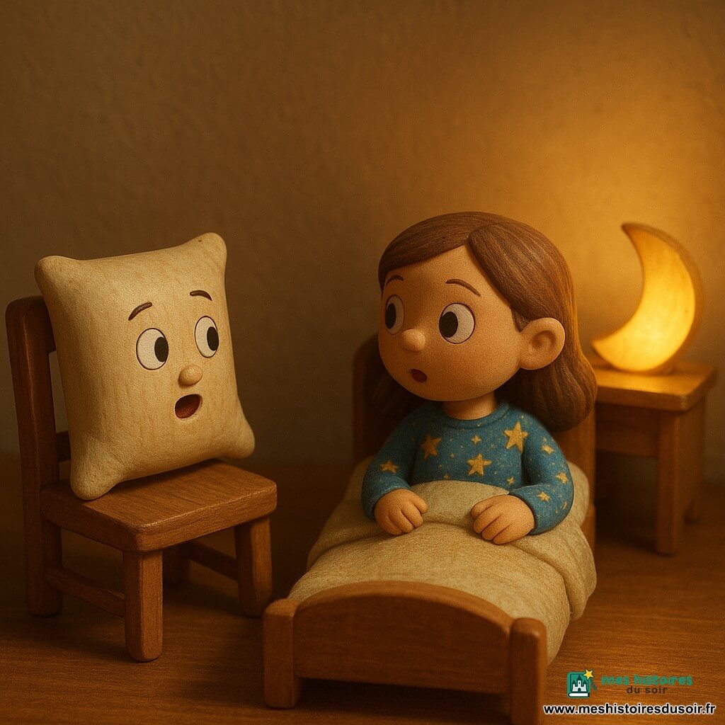 Zoé, une fille de 12 ans, est allongée dans son lit, les yeux grands ouverts, en pyjama bleu avec des étoiles dorées. Un coussin décoratif brodé "DODO" est posé sur une chaise à côté, semblant animé, comme s'il chuchotait un secret. La chambre est chaleureuse, éclairée par une veilleuse en forme de lune projetant des ombres rêveuses. La scène montre Zoé et le coussin en conversation, créant une atmosphère magique et amusante, idéale pour une histoire drôle avant de dormir.