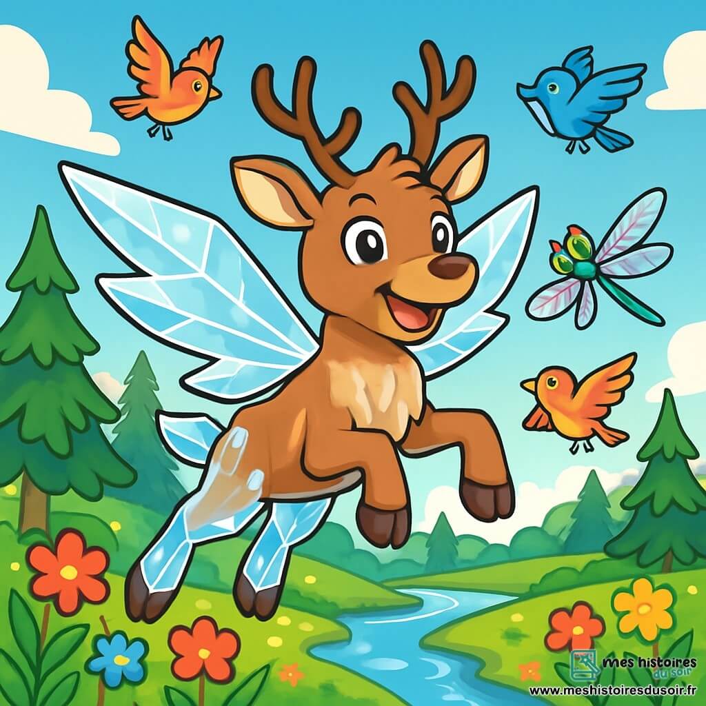 Un jeune renne nommé Tundra, avec une fourrure brun clair et des yeux curieux, déploie ses ailes de cristal en flottant, souriant. À ses côtés, une libellule délicate virevolte, ses couleurs vibrantes contrastant avec le ciel bleu. La scène se déroule dans une clairière magique entourée de sapins, avec des fleurs éclatantes et une rivière scintillante. Tundra célèbre sa transformation magique, entouré d'oiseaux colorés chantant et dansant, créant une atmosphère de joie.