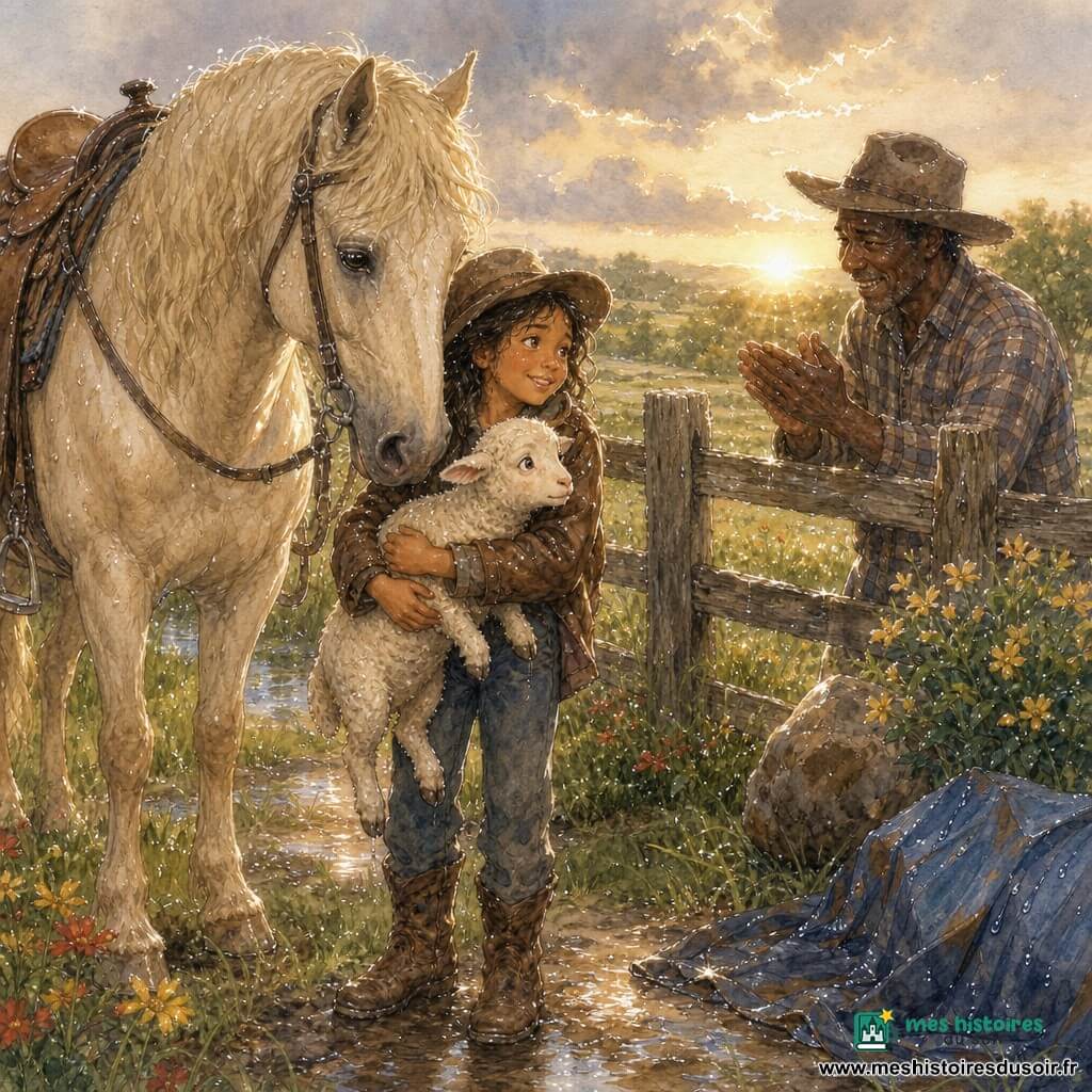 Lena, environ 10 ans, visage souriant et déterminé, chapeau brun de travers, veste en cuir et bottes poussiéreuses, serre contre elle un petit mouton blanc tremblant aux yeux apeurés; à côté, le grand cheval crème Petit Nuage, crinière ondulée et regard tendre, porte une selle propre; derrière une barrière en bois usée, le berger d'une quarantaine d'années, ridé et souriant, applaudit; lieu : grande prairie fleurie après la pluie, soleil bas doré perçant les nuages, gouttes brillantes sur la fourrure et la bâche humide, ambiance calme et réconfortante, style aquarelle avec rehauts blancs pour les reflets.