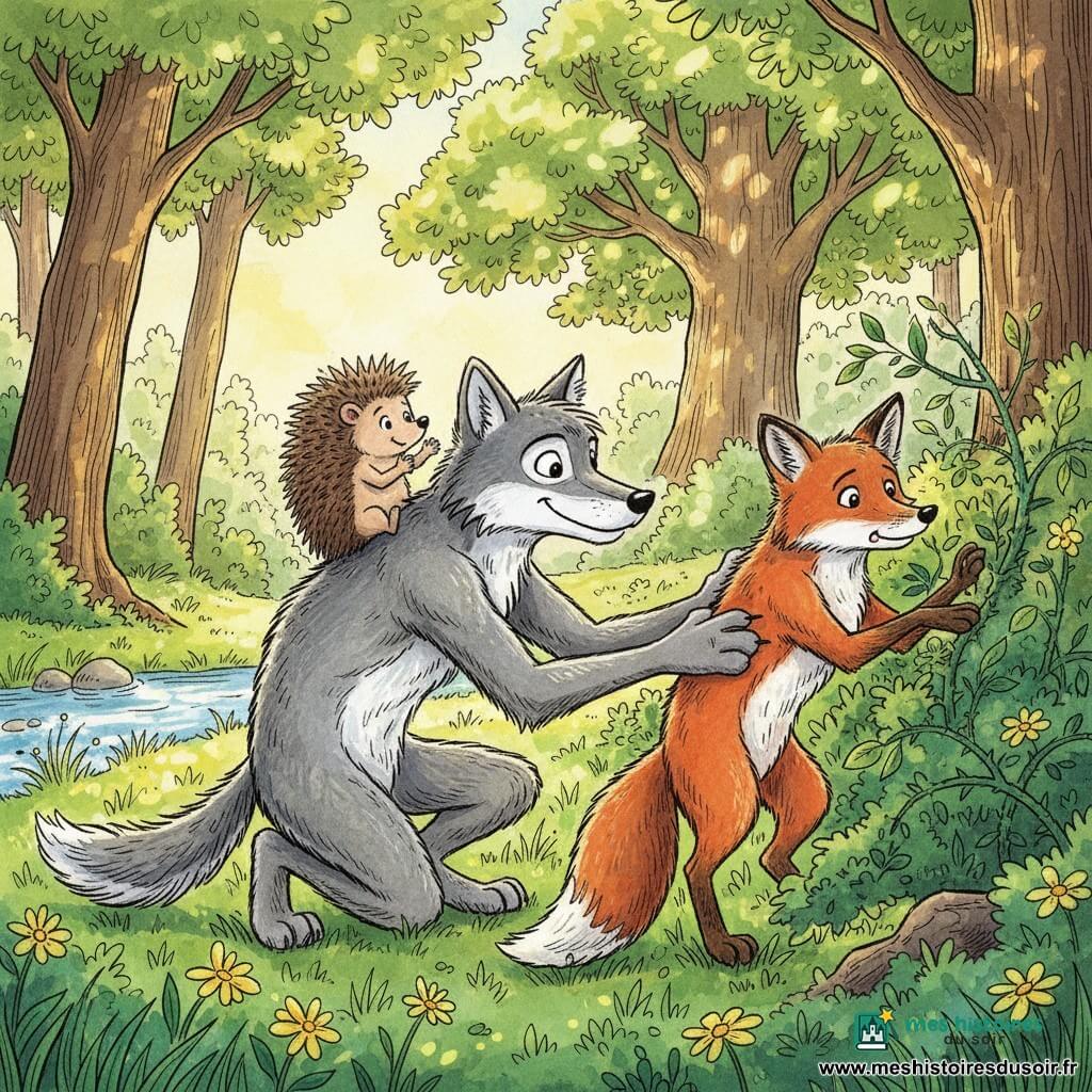 Léo, un loup gris au pelage doux, s'agenouille pour dégager des branches d'un fourré épineux ; Henri, petit hérisson brun aux piquants brillants, est perché sur son dos et applaudit timidement ; Romain, renard roux au museau fin, est coincé dans un buisson d'épines, appuyé contre les ronces avec un air honteux et le pelage froissé. La scène se déroule dans une clairière ensoleillée avec herbe verte et fleurs jaunes, un ruisseau à gauche et un grand chêne au loin ; style encre colorée avec lavis verts et ocres, contours noirs, lumière chaude et textures accentuées.