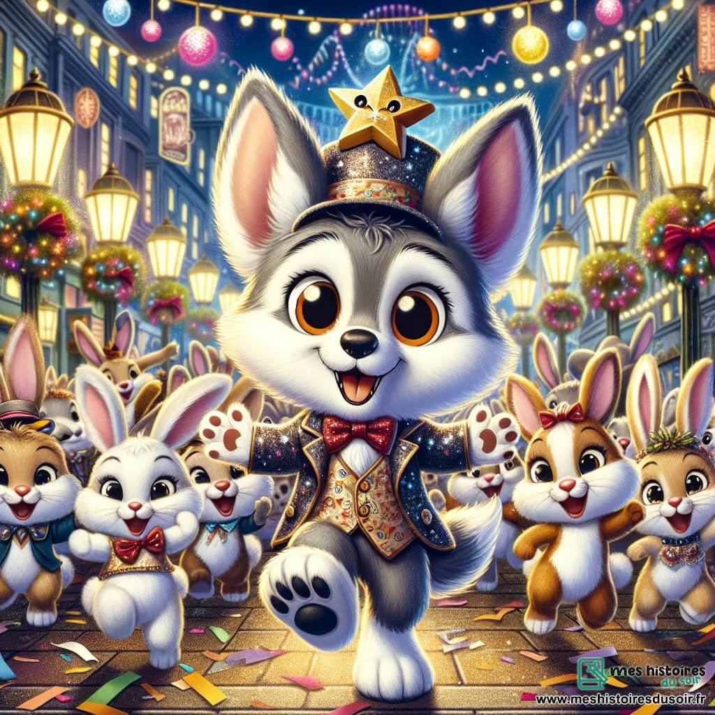 Un petit loup nommé Loupi, avec un pelage gris et des yeux pétillants, porte un chapeau en forme d'étoile. Il danse au milieu d'une rue illuminée, entouré de guirlandes colorées. À côté de lui, un groupe de lapins aux grandes oreilles sautent joyeusement, leurs visages rayonnants de bonheur. Un petit lapin avec un nœud papillon rouge applaudit Loupi, tandis qu'une lapine l'encourage en dansant. La rue festive est décorée de lanternes multicolores et d'une grande horloge dorée indiquant l'heure du Nouvel An. Loupi et les lapins célèbrent ensemble la magie du Nouvel An, entourés de rires et de joie, prêts à accueillir la nouvelle année.