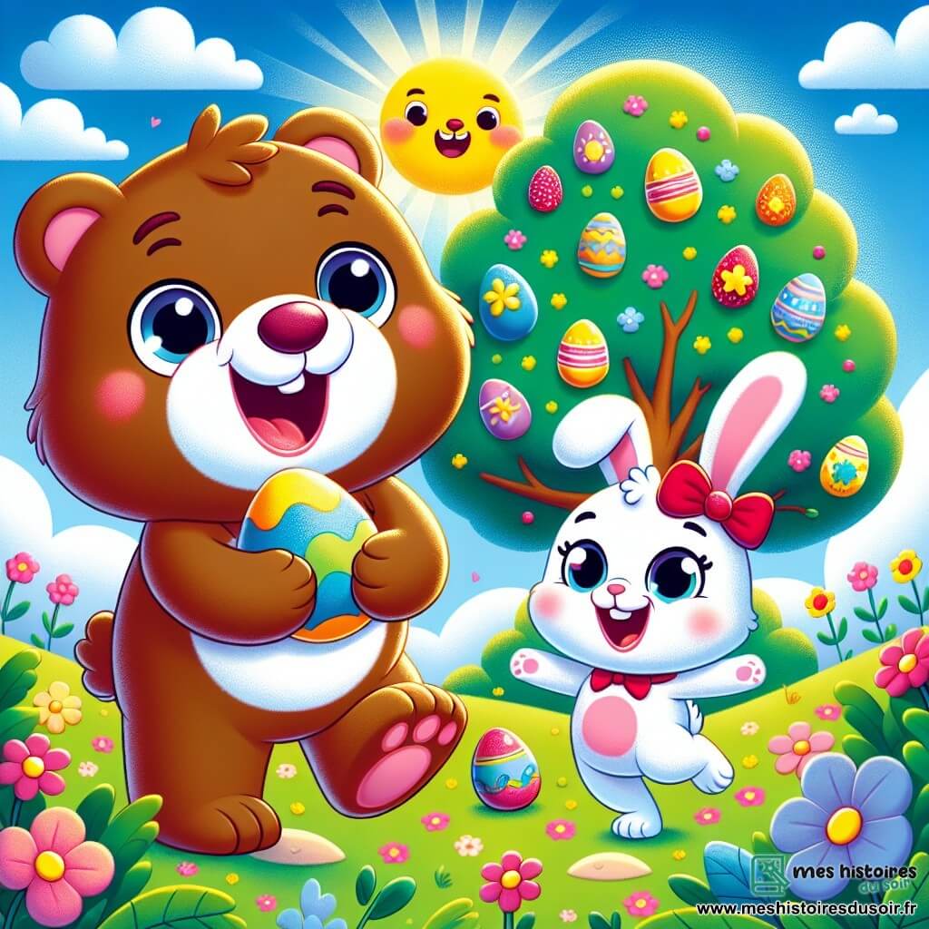 Un petit ours brun nommé Max, avec un pelage doux et des yeux pétillants de joie, se tient dans un jardin ensoleillé, souriant et tenant un œuf coloré. À côté de lui, une lapine blanche aux grandes oreilles, avec un nœud rouge autour du cou, saute de joie, ses yeux brillants d'excitation. En arrière-plan, un arbre majestueux avec des fleurs roses et des œufs de Pâques accrochés aux branches, sous un ciel bleu clair. Max, tout heureux, vient de découvrir un œuf brillant sous l'arbre, prêt à le montrer à sa famille qui l'observe avec émerveillement.