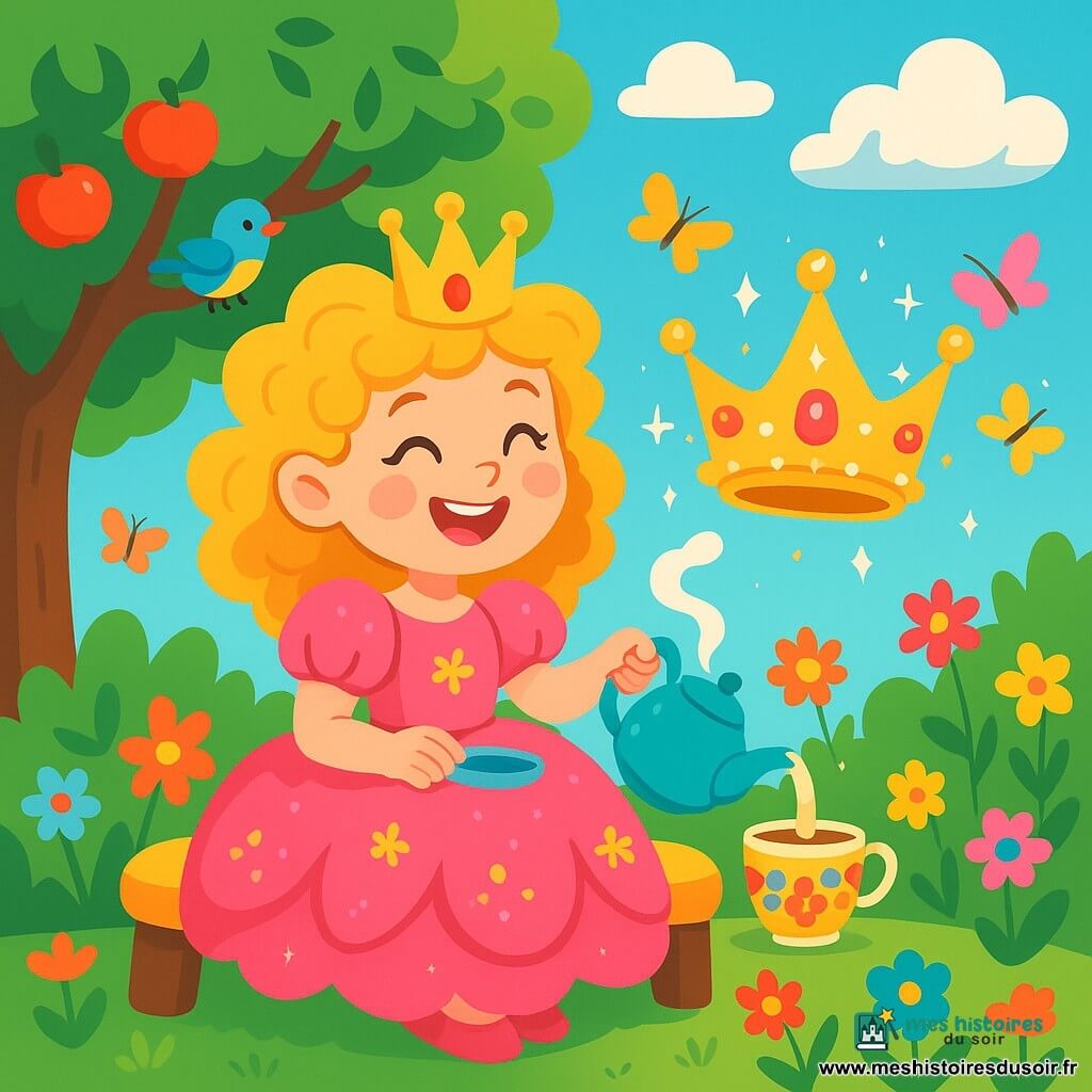 La princesse Mirabelle, jeune fille aux cheveux dorés et bouclés, porte une robe rose pétale ornée de fleurs scintillantes. Elle sourit joyeusement, assise sur un banc sous un pommier chargé de fruits, versant de l'eau chaude dans une tasse décorée. À côté d'elle, une couronne magique flotte, brillando de perles et de fleurs, semblant rire et plaisanter avec Mirabelle. Le jardin enchanteur est rempli de fleurs éclatantes, de papillons multicolores et d'un ciel bleu parsemé de nuages en forme de bonbons. Mirabelle prépare une tisane magique, entourée de rires et de douceurs, tandis que la couronne fait des blagues et que les oiseaux chantent joyeusement.
