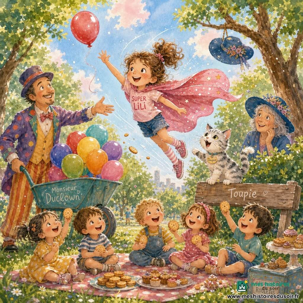 Super Lili, fillette malicieuse et souriante aux taches de rousseur, cape rose au vent et baskets brillantes, saute pour attraper un ballon rouge tandis qu'à côté, le chat Toupie, petit et blanc rayé, pose ses pattes sur un banc en miaulant; Monsieur Duclown, grand quarantaine en costume coloré avec une brouette de ballons, le remercie de la gauche, Madame Chapeau, femme d'une soixantaine d'années au large chapeau bleu accroché à une branche, sourit depuis un buisson à droite, et plusieurs enfants de 4 à 6 ans rient sur une nappe à pois en montrant des biscuits roulants dans un parc ensoleillé aux grands arbres, pelouse verte, ciel bleu avec quelques nuages roses, scène comique et dynamique accentuée par des traînées de peinture et des éclats blancs au stylo gel.