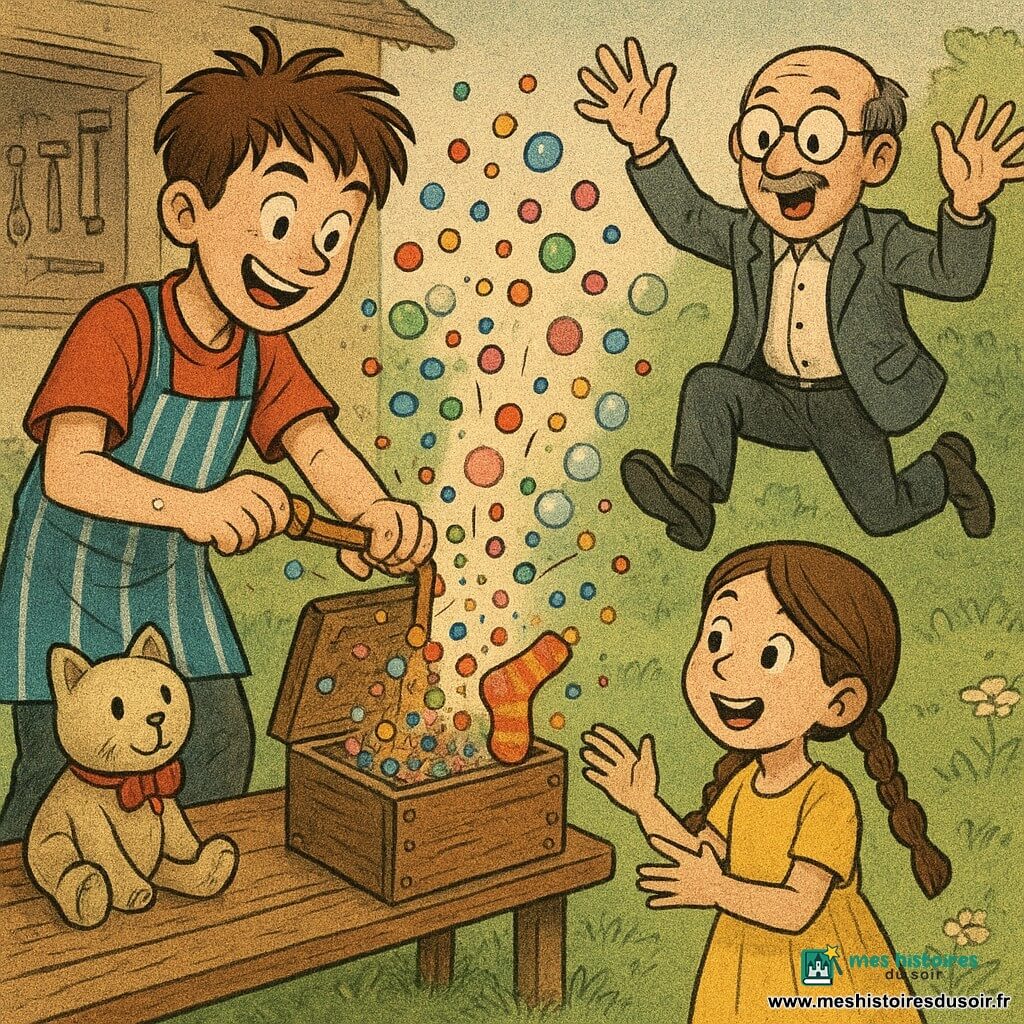 Un jeune inventeur d'environ 12–14 ans aux cheveux châtains en bataille, tablier rayé bleu et doigts tachés de colle, souriant, tire une poignée en cuivre fixée sur une boîte en bois d'où jaillissent confettis multicolores et bulles parfumées à la vanille; à droite, monsieur Boulard, homme d'environ 50 ans aux lunettes rondes et veste grise, glisse dramatiquement sur une bulle invisible, bras en l'air; devant la boîte, une fillette d'environ 7 ans aux tresses brunes et robe jaune tend les mains, émerveillée, une paire de chaussettes rayées tombe dans sa paume; à gauche, un chat en peluche beige avec nœud rouge posé sur un banc observe la scène; décor : petit jardin de banlieue enchanté avec herbe et fleurs sauvages, atelier en arrière-plan et lumière dorée du matin; instant dynamique et farfelu, explosion de confettis, bulles et chaussettes volantes, couleurs vives, traits légèrement grainés et éclairage doux et chaleureux.