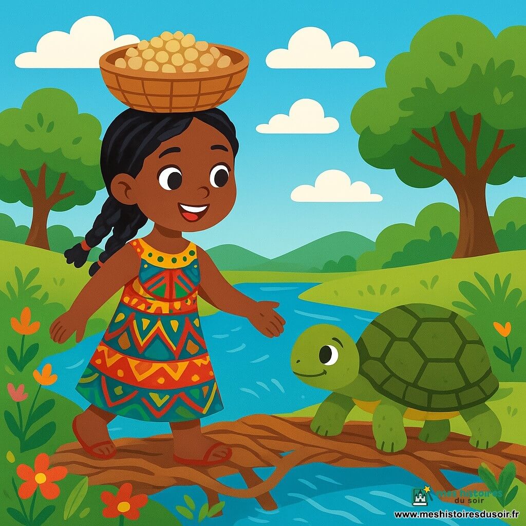 Amina, une jeune femme aux cheveux noirs tressés, sourit avec des yeux pétillants de joie. Elle porte une robe colorée aux motifs africains et un panier rond sur la tête, rempli de graines. À ses côtés, Yala, une tortue sage avec une carapace verte et brune, avance lentement, la regardant avec douceur. En arrière-plan, une rivière scintillante coule paisiblement, entourée de fleurs éclatantes et de grands arbres. Le ciel est bleu, parsemé de nuages blancs. La scène montre Amina et Yala traversant un pont de racines et de fleurs, tandis qu'une brise fait danser les feuilles. Amina tend la main vers Yala, prête à traverser ensemble, avec un sourire plein d'espoir.