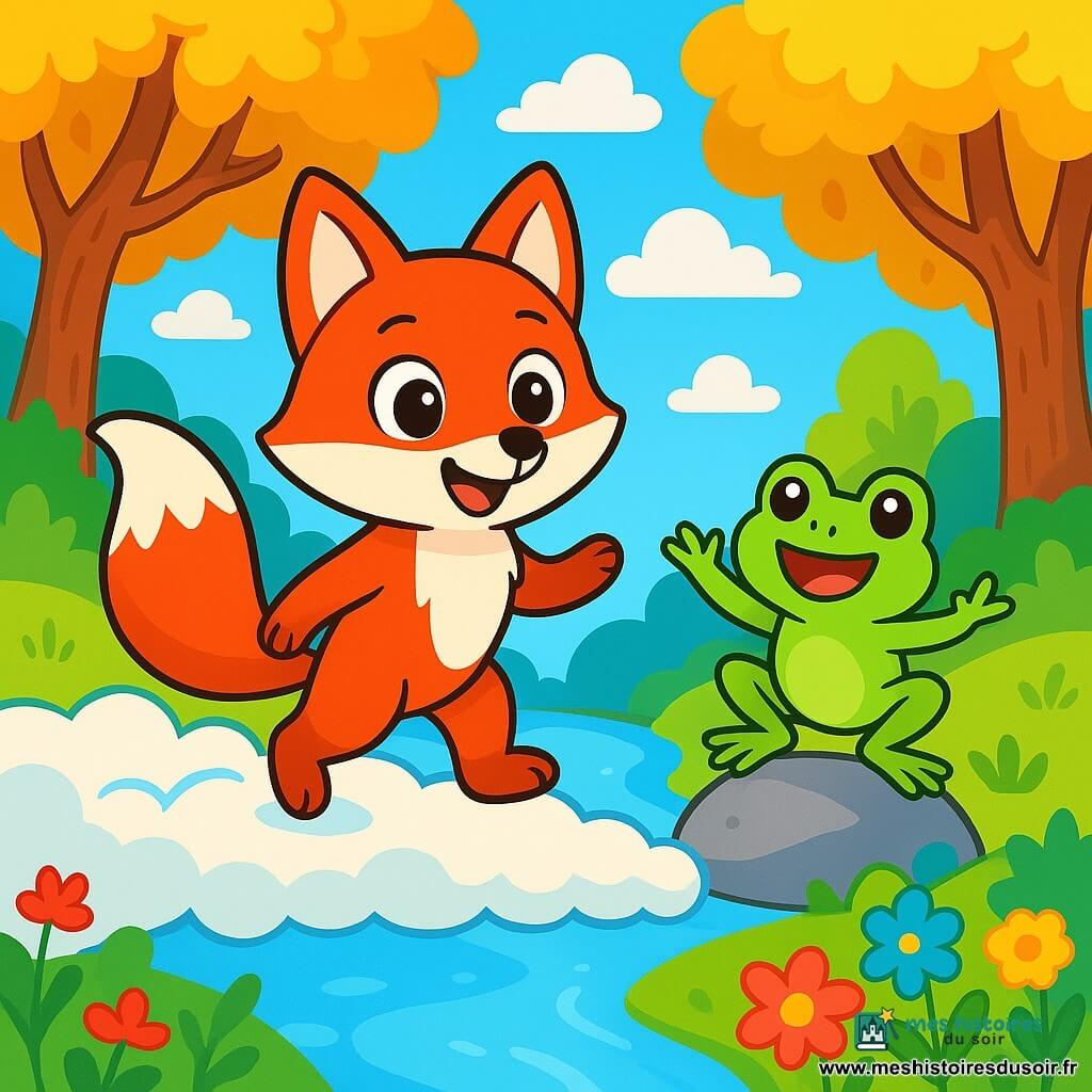 Un petit renard au pelage rouge vif, Lumo, se tient sur un pont de nuages moelleux, avec des yeux brillants d'émerveillement et un sourire courageux. Sa queue est droite et enjouée, flottant légèrement dans le vent. À proximité, une grenouille verte aux yeux ronds l'encourage, sautant sur un rocher avec enthousiasme. Le lieu est une forêt enchantée, avec des arbres majestueux, une rivière scintillante et des fleurs colorées. Le ciel est d'un bleu éclatant, parsemé de nuages blancs. Lumo traverse le pont de nuages, le cœur battant d'excitation, prêt à découvrir de nouveaux horizons.