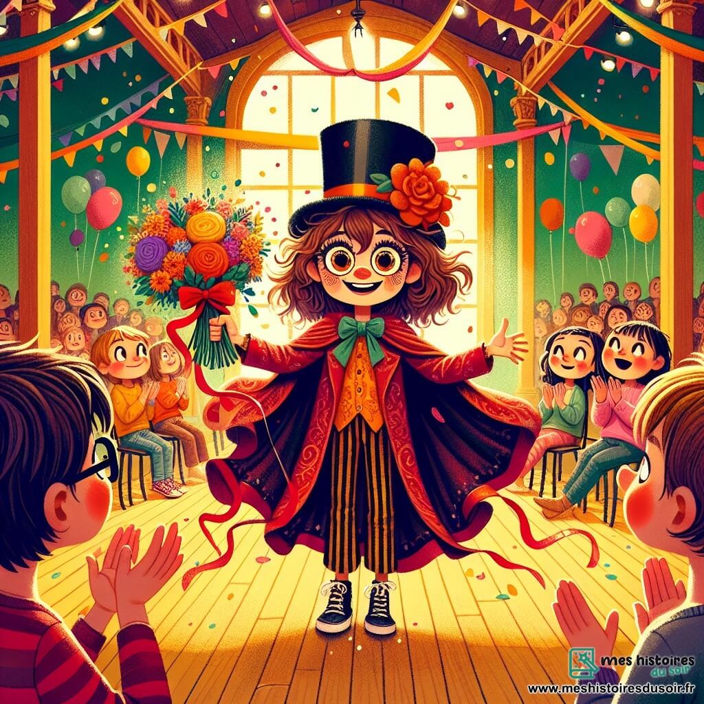 Léa, une fille de 12 ans aux cheveux en bataille et aux yeux malicieux, se tient sur scène avec un grand sourire. Elle porte un chapeau haut de forme noir trop grand et une cape en velours rouge. Ses mains sont levées, tenant un bouquet de fleurs colorées, et elle exprime excitation et joie. À ses côtés, Lucas, son ami de 10 ans aux cheveux bruns et lunettes rondes, applaudit, assis au premier rang, admiratif. La salle des fêtes est décorée de guirlandes et de ballons, avec des spectateurs captivés. Léa réalise un numéro de magie en faisant semblant de faire léviter un gâteau au chocolat, tandis qu'une pluie de chaussettes colorées s'échappe de son chapeau, ajoutant magie et humour.