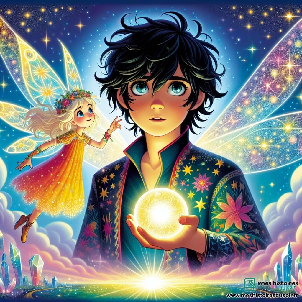 Au centre de l'image, Orion, un jeune garçon d'environ 12 ans, a un regard émerveillé et déterminé. Il a des cheveux noirs, des yeux curieux et porte une tunique colorée avec des motifs étoilés. Dans sa main, il tient une sphère luminescente qui éclaire son visage d'une douce lumière dorée. À ses côtés, Lila, une petite fée aux ailes scintillantes, flotte dans les airs, souriante et pointant un chemin lumineux devant eux. Le décor est un paysage féerique de Luminara, avec des arbres en cristal, des nuages colorés et des créatures luminescentes, créant une atmosphère magique. Orion et Lila sont prêts à s'engager dans une nouvelle aventure, avec la sphère magique entre leurs mains, alors qu'un portail scintillant s'ouvre devant eux.