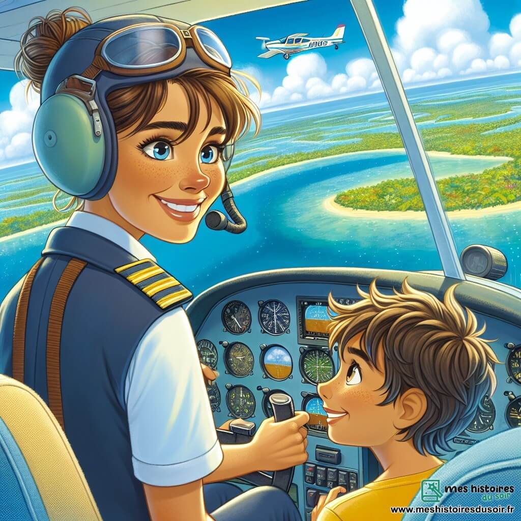Une femme pilote, Camille, est dans le cockpit de son monomoteur coloré, le « Nimbus ». Elle a les cheveux bruns en chignon, porte une combinaison de pilote bleu marine et un casque. Son visage rayonne de joie et de détermination, alors qu'elle sourit en regardant par le hublot, émerveillée par le paysage en dessous. À ses côtés, Léo, un garçon de 10 ans aux cheveux en bataille et aux yeux pétillants, est assis dans le siège passager. Il est captivé par le vol, prêt à apprendre à piloter. Le ciel est bleu avec quelques nuages blancs, et en dessous se trouvent des paysages tropicaux : des îles verdoyantes et des plages dorées. Camille et Léo partagent un moment d'excitation en plein vol, prêts à explorer le monde.