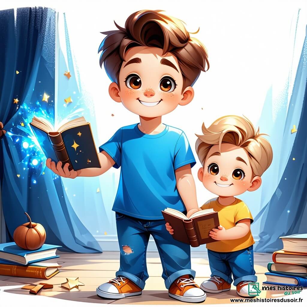 Lucas, un garçon de 11 ans aux cheveux châtains et aux yeux curieux, se tient sur scène avec un grand sourire, confiant, portant un t-shirt bleu et un jean, tenant un livre de magie. À ses côtés, son petit frère Max, 9 ans, aux cheveux blonds et aux yeux timides, admire Lucas, prêt à réaliser son tour de magie avec une pièce de monnaie. La scène se déroule dans une salle de classe décorée de ballons et de guirlandes, avec des parents et des camarades applaudissant, créant une atmosphère chaleureuse. Lucas encourage Max à se produire, illustrant la confiance en soi et le soutien fraternel.