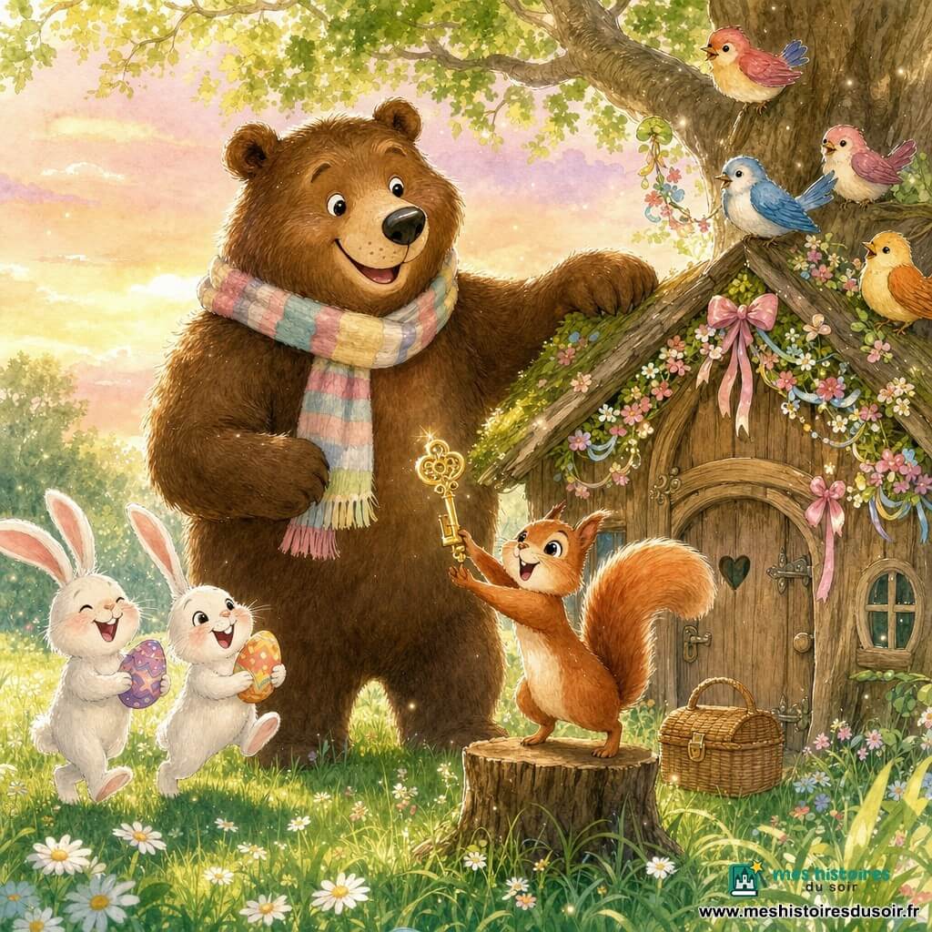 Barnabé, un gros ours brun au pelage doux souriant, se tient près d’une petite cabane en bois décorée, écharpe rayée pastel et patte posée sur la cabane, tandis que Noisette, un jeune écureuil roux aux grands yeux, brandit une petite clé dorée devant un panier fermé posé devant la porte; deux lapins blancs rieurs tiennent des œufs peints à gauche et des oiseaux multicolores perchés dans un grand chêne à droite tiennent de petites guirlandes florales; clairière ensoleillée à l’herbe parsemée de pâquerettes et ciel rosé de fin d’après‑midi, ambiance de fête, partage et émerveillement alors que l’on s’apprête à ouvrir le panier de chocolats.