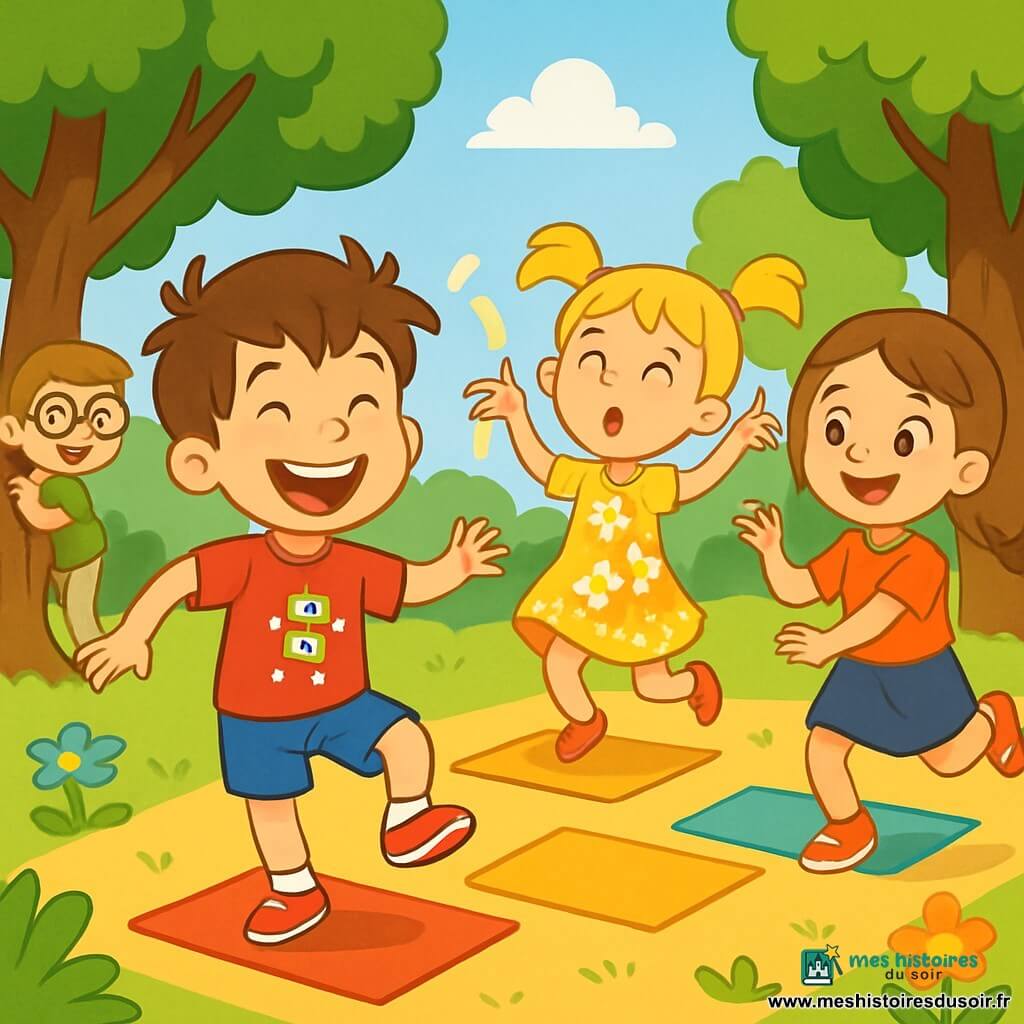 Léo, un garçon de 6 ans aux cheveux bruns en bataille et au grand sourire, danse sur une piste de cartons colorés dans un parc ensoleillé. Il porte un t-shirt rouge avec un dessin de robot et un short bleu. À ses côtés, Zoé, également âgée de 6 ans, avec des couettes blondes et une robe à fleurs, rit en faisant la danse du spaghetti. Sami, un autre garçon de 6 ans avec des lunettes rondes et un t-shirt vert, tourne autour d'un arbre en faisant des grimaces. Jade, une fille de 6 ans aux cheveux châtains et à la tresse, saute joyeusement. Le parc, verdoyant avec des arbres majestueux et des fleurs colorées, est rempli de rires, tandis qu'un groupe de personnes observe les enfants s'amuser. L'ambiance est joyeuse et festive.