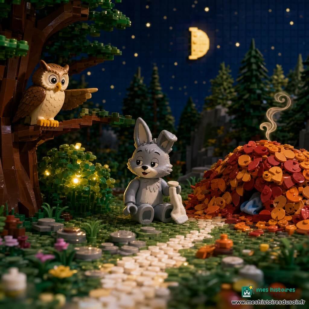 Un petit Loulou-Lapin en briques, pelage gris clair et une oreille tordue comme un doudou, assis au centre, à la fois endormi et malicieux, tenant une chaussette vide et regardant autour de lui; à gauche Toupie la chouette en briques, yeux grands et sages, perchée sur une branche et pointant du bec vers un buisson lumineux; à droite un tas de feuilles rouges et orange en briques, qui semble « pof pof » et laisse dépasser un coin de tissu bleu (le doudou); clairière en briques vert foncé et brun avec quelques pierres et un chemin de petites briques blanches; ciel nocturne bleu nuit avec lune pâle et étoiles, lumière douce créant de longues ombres; Loulou-Lapin sur le point de retrouver son doudou, soulagé et souriant, moment calme et drôle avant le dodo.
