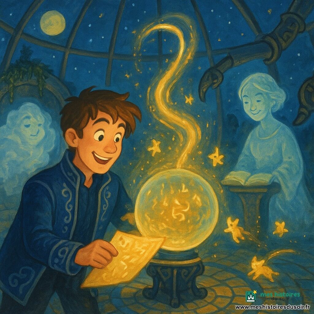 Milo, jeune homme souriant aux cheveux châtains en bataille, porte une veste de cuir bleue brodée d’argent et pose un parchemin runique lumineux devant une grande sphère de cristal flottante; Siren apparaît comme une matrice holographique féminine, silhouette de grand‑mère douce en robe translucide, flottant au‑dessus d’un pupitre et souriant; un golem de brume cotonneux, translucide et bienveillant, garde l’entrée tandis que plusieurs petits gardiens d’étoiles, créatures de la taille d’un chat, sautillent autour de la sphère en laissant des traînées lumineuses dorées; la scène se déroule dans une vaste salle ronde sous le dôme d’Aurélia aux murs transparents montrant des lunes lointaines, sols en mosaïque brillante, plantes suspendues et bras mécaniques runiques tenant la sphère; Milo active le cristal avec le parchemin, des lettres lumineuses s’échappent de la sphère et forment un pont d’ondes scintillantes vers le ciel, ambiance magique aux couleurs chaudes dorées et bleus profonds, textures gouache et traits doux et enfantins.