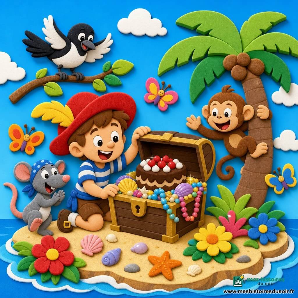 Léo, garçon d’environ 8 ans, souriant et émerveillé, agenouillé ouvrant un grand coffre en bois rempli de coquillages brillants, colliers de perles colorés et un gros gâteau au chocolat; à ses côtés Tom, un petit rat gris au bandana bleu, saute et applaudit; à droite Paco, un petit singe malin, grimpe un palmier en riant; au-dessus Zoé, une pie noire et blanche, est perchée en battant des ailes; décor : petite île colorée avec plage de sable crème, palmiers, grandes fleurs multicolores, papillons et ciel bleu; ambiance joyeuse, gestes exagérés, formes arrondies, couleurs vives, contours épais et texture type mousse EVA.