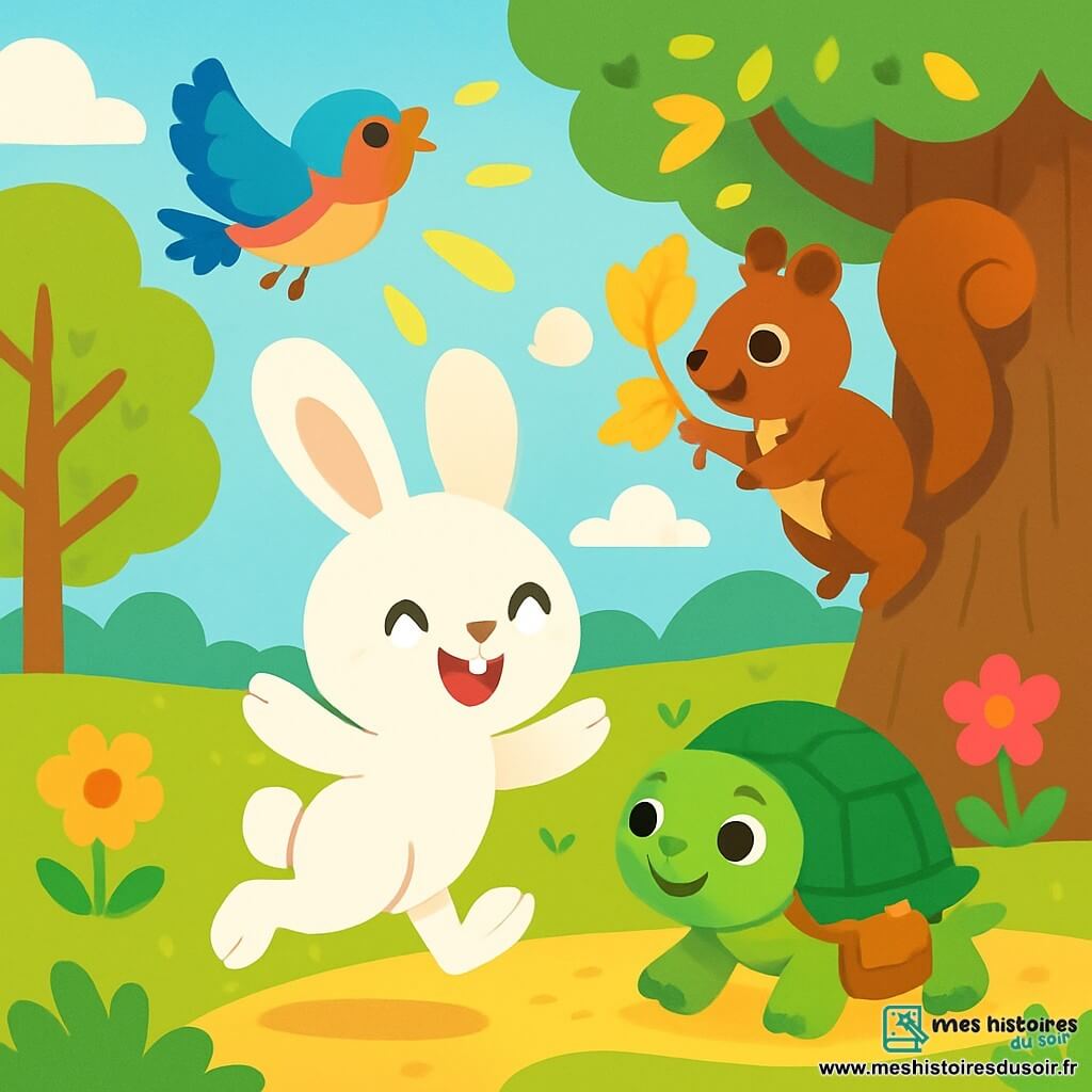 Petit Lapin, un lapin aux grandes oreilles et au pelage blanc, saute joyeusement dans une clairière ensoleillée, son visage rayonnant de bonheur. À côté, Écureuil grimpe à un arbre à la recherche de feuilles dorées. Tortue avance lentement avec une sacoche de graines, tandis qu'Oiseau vole haut dans le ciel bleu en chantant. La clairière, entourée d'arbres majestueux et de fleurs éclatantes, crée une ambiance magique. Les amis collaborent pour ramener les feuilles dorées au grand chêne, leur enthousiasme illuminant la scène.