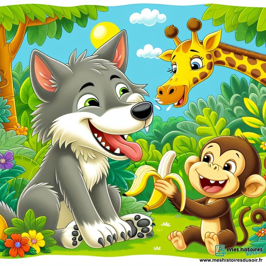 Un loup nommé Loulou, avec un pelage gris et des yeux malicieux, rit aux éclats, assis dans un buisson vert. À côté de lui, une girafe nommée Gina, avec un long cou et des taches dorées, se penche pour attraper une banane avec sa langue. Un petit singe nommé Max, aux poils bruns, est perché sur une branche au-dessus, riant tout en tenant une banane. Le décor est une jungle colorée du zoo, avec des arbres luxuriants, des fleurs éclatantes et un ciel bleu clair. La scène montre Loulou, Gina et Max partageant des rires et des bananes, illustrant une journée joyeuse et pleine de camaraderie.