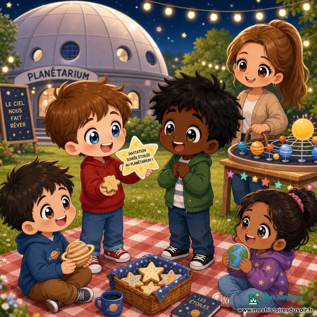 Lucas, 8 ans, rayonnant, cheveux bruns courts et taches de rousseur, offre une grosse invitation en forme d'étoile et tient un biscuit étoile; Max, aussi 8 ans, cheveux noirs en bataille, surpris et ému, les regarde souriant; une maman aux cheveux châtain clair en queue de cheval, souriante, tient un panier de pique-nique en arrière-plan; deux amis d'environ 8 ans rient et tiennent des biscuits en forme de planète assis sur une grande couverture à carreaux; le décor est le jardin d'un planétarium avec pelouse verte, dôme gris clair, maquette du système solaire sur une table en bois et guirlandes lumineuses; ambiance chaleureuse et joyeuse, couleurs pastel vives et style chibi kawaii.