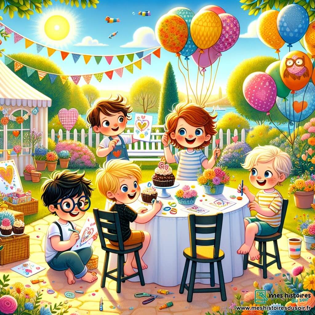 Dans un jardin ensoleillé, quatre garçons préparent une fête des mères. Léo, sept ans, tient des ballons colorés. Max, aussi sept ans, accroche des guirlandes en papier. Jules, six ans, dessine des cartes à une petite table. Tom, huit ans, décore une table avec des cupcakes colorés. Le jardin est rempli de fleurs, de guirlandes flottantes et de ballons. Les garçons rient et s'amusent, créant une atmosphère joyeuse pour surprendre leurs mamans.