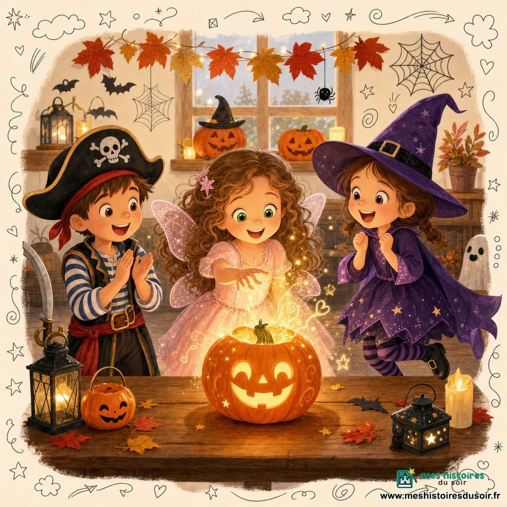 Fête d'Halloween intime : Lila, 6 ans, aux longs cheveux bouclés châtain clair et robe de fée rose pâle avec ailes scintillantes, émerveillée, tend la main vers une petite citrouille magique orange vif sculptée d'un visage souriant et émettant une douce lumière dorée; à gauche Tom, ~7 ans, déguisé en pirate avec chapeau noir et faux sabre, applaudit malicieusement; à droite Mia, 6 ans, en sorcière violette avec grand chapeau pointu, regarde la citrouille joyeuse; intérieur cosy décoré (guirlandes automnales, citrouilles sur le rebord, toiles d'araignée en papier, lumières chaudes), ambiance chaleureuse, couleurs automnales et traits de dessin enfantin.