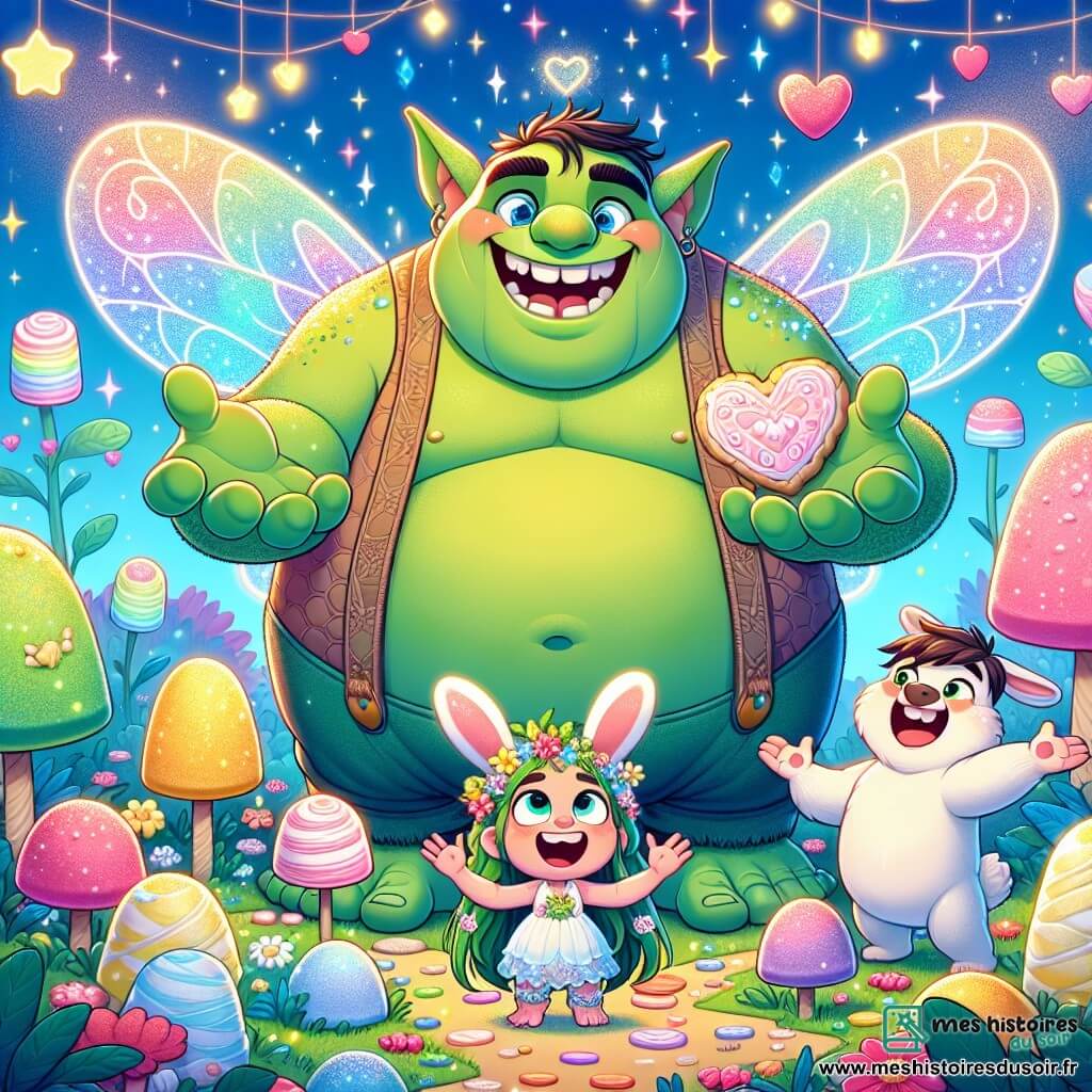 Un grand ogre au cœur tendre, avec une peau verte et des yeux pétillants de joie, se tient au centre d'un jardin en guimauve, entouré de fleurs colorées. Il sourit largement, les bras ouverts, prêt à recevoir un câlin. À sa droite, une petite fée nommée Lili, avec des ailes brillantes et une robe en pétales de fleurs, saute de joie, tenant un biscuit en forme de cœur. À sa gauche, Max le lapin, avec un pelage doux et de grandes oreilles, rit en tenant un autre biscuit. Le jardin est rempli de couleurs vives, avec des arbres en guimauve et des nuages en bonbons dans un ciel bleu éclatant. La scène montre le moment magique où Lili et Max surprennent leur papa ogre avec une fête des pères joyeuse, entourés de rires et d’amour.