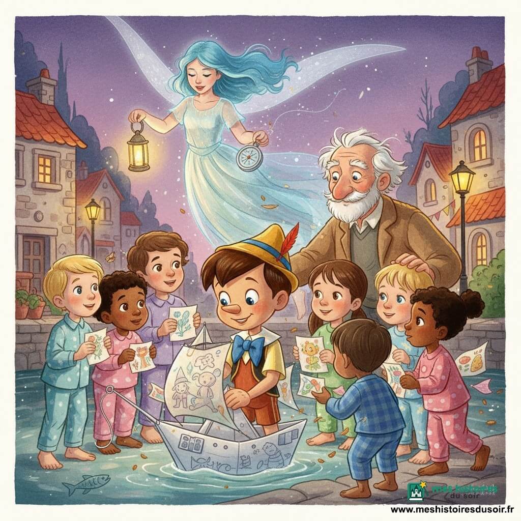 Pinocchio, garçon de bois au visage peint et sourire timide, tient la proue d’un petit navire de papier décoré; Geppetto, vieil homme au cœur paternel, pose une main rugueuse sur son épaule; la Fée Bleue, femme-lumière aux cheveux azur, flotte au-dessus avec une lanterne et une boussole argentée; un cercle d’enfants en pyjamas colorés souffle des vœux sur les voiles faites de pages illustrées en tenant rubans et tissus; le navire repose sur une eau calme près du rivage, un fil de lune argenté à la proue émet une lueur douce; port nocturne au ciel violet crépusculaire, maisons en pierre, lampadaires jaunes, légère brume et reflets argentés; le vent invisible plisse les voiles, tissus et graines flottent comme des confettis, atmosphère tendre, courageuse et magique; style gouache aux couleurs saturées mais douces, textures de papier visibles et lumière chaude de la lanterne.