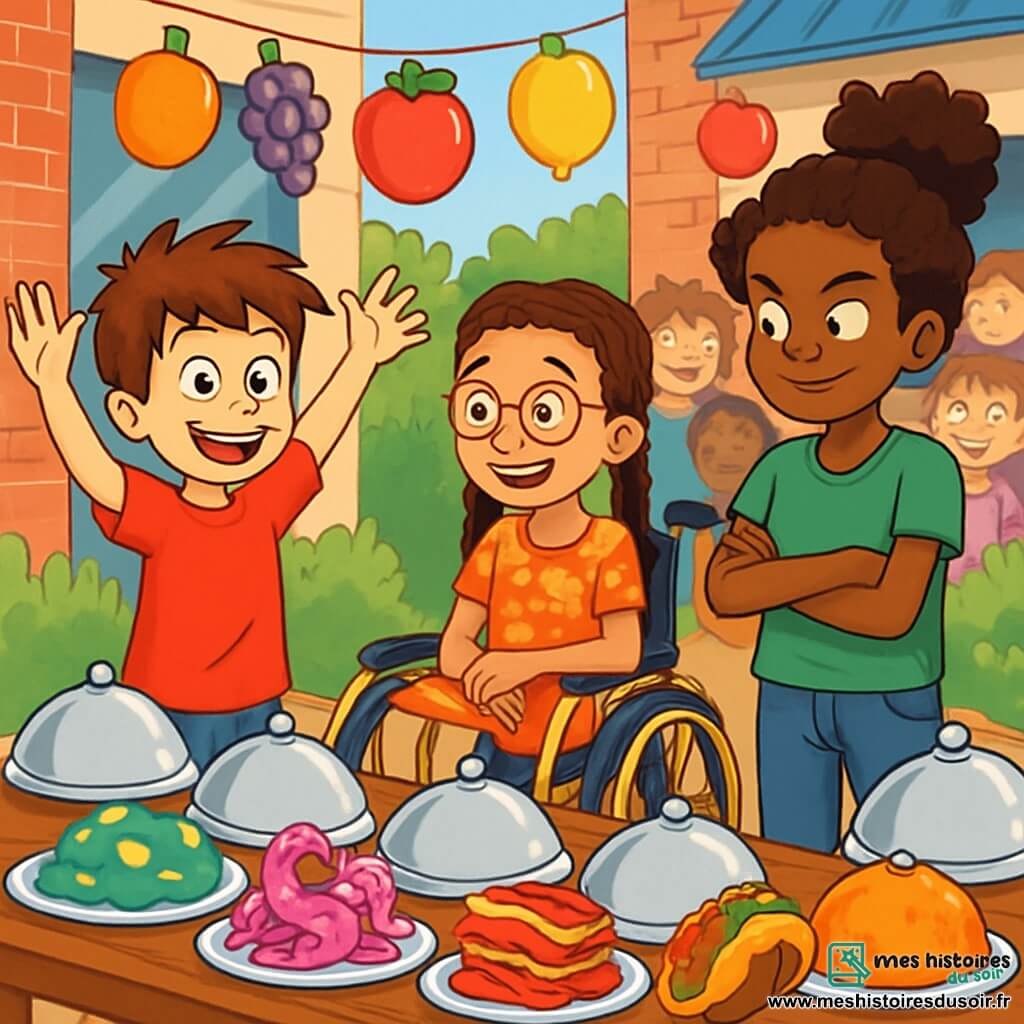Il y a trois personnages : Milo, un garçon de 10 ans aux cheveux en bataille, souriant, en t-shirt rouge et short bleu, se tient à gauche, les bras levés. Zoé, une fille de 10 ans avec des tresses et des lunettes rondes, est assise dans un fauteuil roulant jaune, vêtue d'une robe à fleurs, souriant et encourageant Milo. Fatou, une fille de 11 ans aux cheveux crépus, énergique, porte un t-shirt vert et un jean, se tient à droite de Milo, les bras croisés, prête à goûter. La scène se déroule dans une cour derrière une épicerie, décorée de ballons en forme de fruits, avec une table en bois remplie de plats étranges sous des cloches argentées. Les enfants autour affichent curiosité et excitation. Les trois amis se préparent à goûter des plats improbables, avec des expressions de défi et de joie, Milo et Zoé échangent un regard complice, tandis que Fatou est prête à croquer dans un taco coloré.