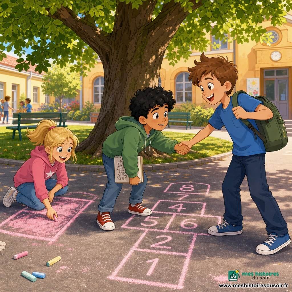 Léo, garçon de 10 ans au sourire confiant, mèche rebelle et t-shirt bleu, tend la main pour inviter Sami, garçon timide puis joyeux aux cheveux noirs bouclés et baskets rouges tenant un carnet de dessins, tandis que Maëlle, fille de 10 ans en queue de cheval, dessine une grande case rose à la craie ; scène de récréation sous un vieux marronnier sur bitume clair avec marelle rose, pelouse et bâtiment ocre, lumière douce de fin de matinée, ambiance chaleureuse et accueillante.