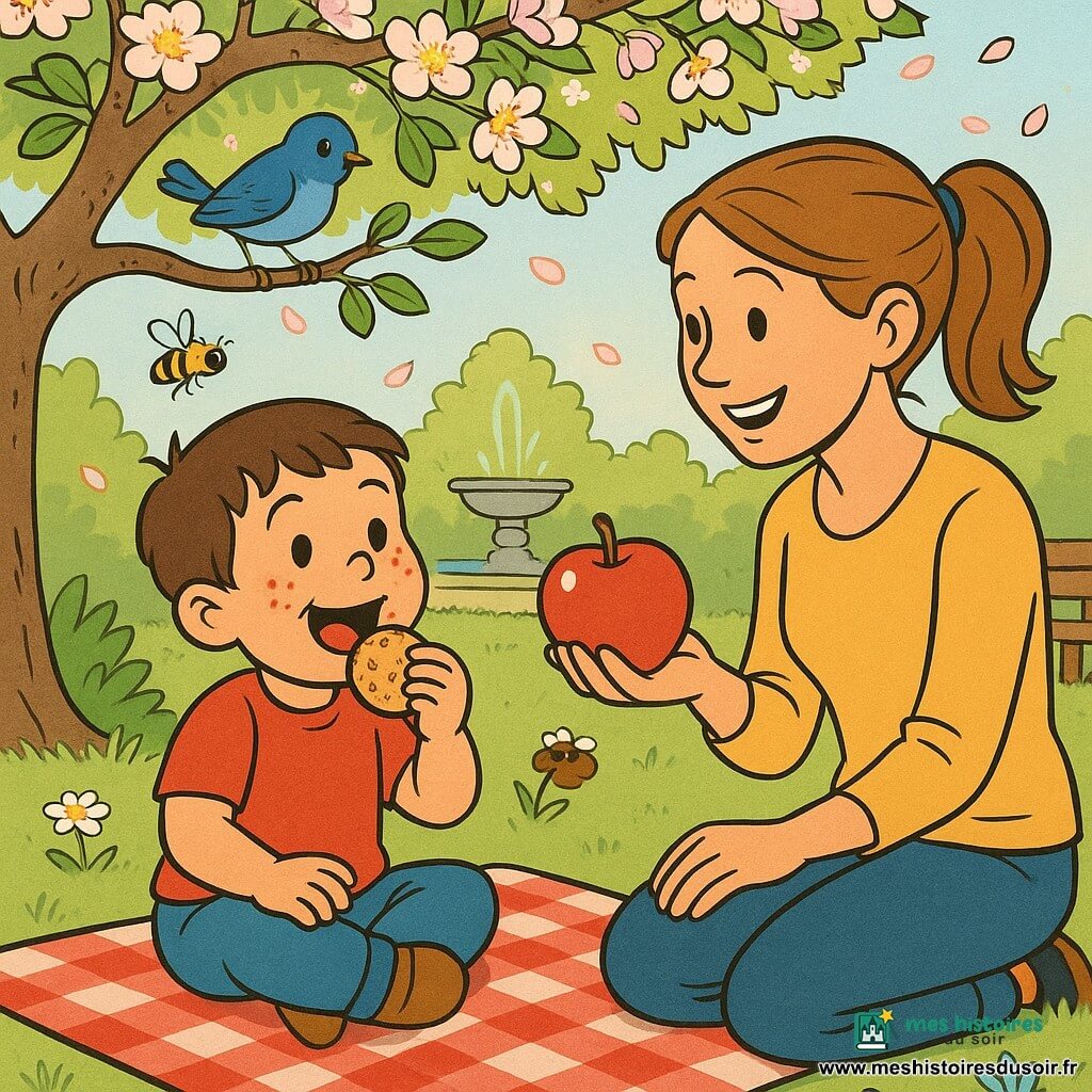 Garçon de 4 ans joyeux, cheveux bruns courts, joues rondes et taches de rousseur, mange un biscuit assis sur une couverture à carreaux rouge et blanc; sa mère d’environ 30 ans, souriante, châtain clair en queue de cheval, lui tend une pomme brillante; un petit oiseau bleu sur une branche basse du pommier et une abeille butinent à proximité; jardin de printemps sous un pommier en fleurs, herbe verte parsemée de pâquerettes, pétales roses tombant, fontaine lointaine et banc en bois; moment paisible de goûter baigné de lumière dorée.