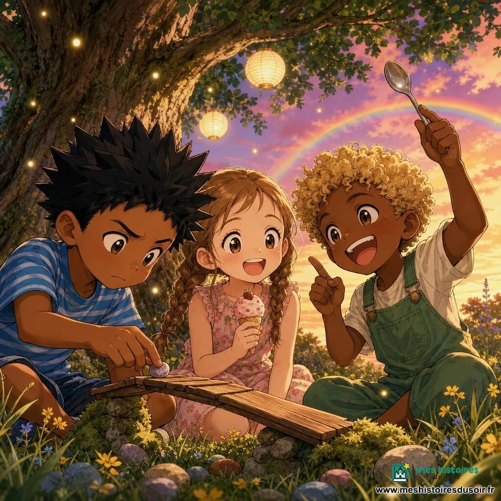 Trois enfants de 7 ans : Lila, cheveux châtain clair en tresses, robe à fleurs rose pâle, assise au centre, tenant une petite glace fraise-vanille et souriant à ses amis ; Malo, cheveux noirs en épis, tee-shirt rayé bleu, à gauche de Lila, tenant une mini-planche en bois et posant une “pierre” imaginaire en fronçant les sourcils ; Sami, cheveux blonds bouclés, salopette verte, à droite de Lila, riant et agitant une cuillère comme un drapeau en proposant une idée. Ils sont dans un coin du Jardin des Pourquoi, sous le grand Chêne des Idées au coucher du soleil, herbe haute parsemée de petites fleurs jaunes et bleues, lanternes en papier aux branches, lucioles scintillantes, mousses douces et quelques galets colorés sur la pelouse. Les trois construisent ensemble un petit pont imaginaire avec des pierres et des morceaux de bois tout en partageant des glaces ; ambiance chaleureuse et sereine, couleurs pastel du crépuscule et arc‑en‑ciel doux à l’horizon, plan rapproché montrant leurs visages et leurs mains qui coopèrent.