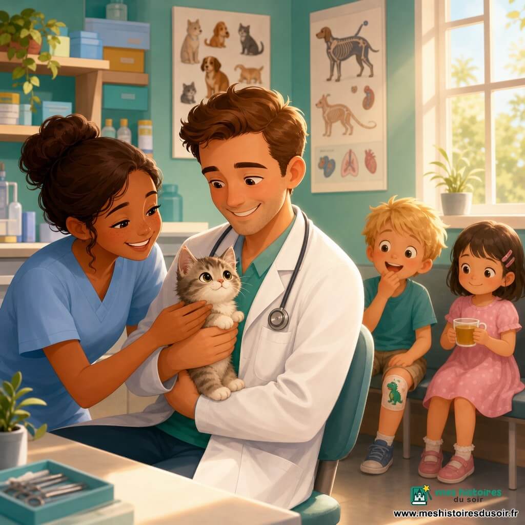 Un médecin d'une trentaine d'années, cheveux châtains courts et blouse blanche, tient tendrement un chaton au centre d'une petite clinique lumineuse aux murs vert d'eau pendant que son assistante d'environ 25 ans en uniforme bleu clair rit en le présentant; à l'arrière-plan, Timéo, garçon de 6 ans aux cheveux blonds en bataille et genou pansement, regarde émerveillé depuis la salle d'attente et Léa, fillette de 5 ans en robe rose, sourit en tenant une tasse; ambiance joyeuse, chaleureuse et réconfortante, couleurs douces, éclairage chaud, décor avec posters pour enfants, étagères colorées et plantes.