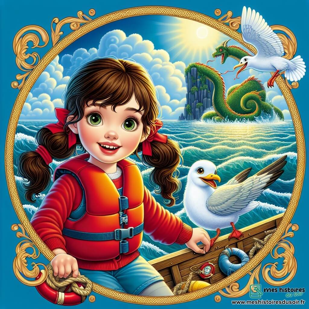 Au premier plan, Lili, une fille de 8 ans, se tient sur un petit bateau en bois, les yeux brillants d'excitation et de détermination. Elle a de longs cheveux bruns en couettes et porte un gilet de sauvetage rouge. À côté d'elle, Lucette, une mouette au plumage blanc éclatant, vole joyeusement, malgré une petite patte blessée. En arrière-plan, la mer scintille sous le soleil avec des vagues douces, tandis qu'une île mystérieuse se profile à l'horizon. Un dragon aux écailles vertes et dorées émerge des profondeurs, curieux de Lili. Lili est prête à affronter le dragon pour atteindre l'île du magicien des couleurs et ramener la joie dans son village.