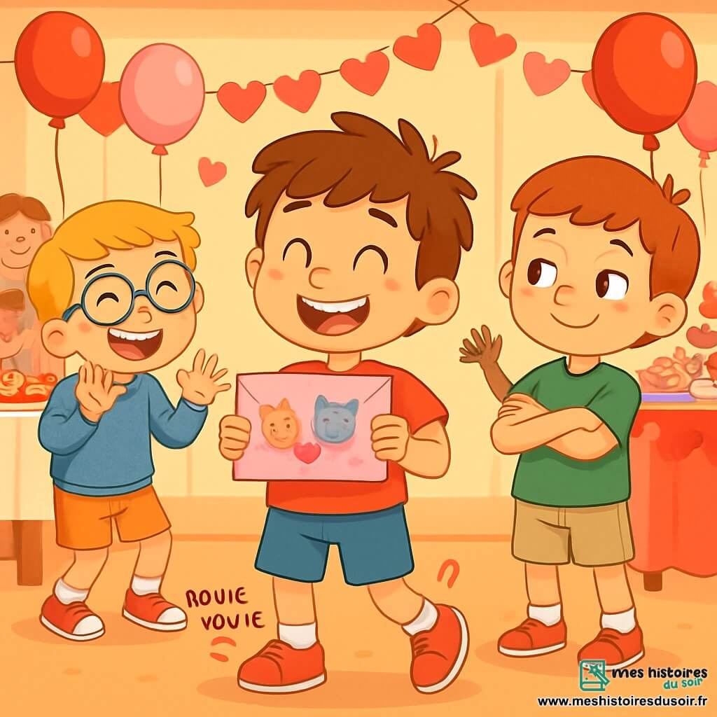 Quatre enfants se trouvent dans une salle des fêtes décorée pour la Saint-Valentin. Maxime, au centre, sourit en tenant une enveloppe rose. Léo, à gauche, rit et fait des gestes amusants. Tom, à droite, a un air malicieux avec les bras croisés. Sami, derrière, est prêt à danser. La salle est ornée de ballons et de guirlandes en forme de cœurs, et les enfants préparent une surprise pour Madame Lila et Monsieur Pichon, dansant joyeusement et affichant des expressions de bonheur. D'autres enfants les regardent avec admiration.