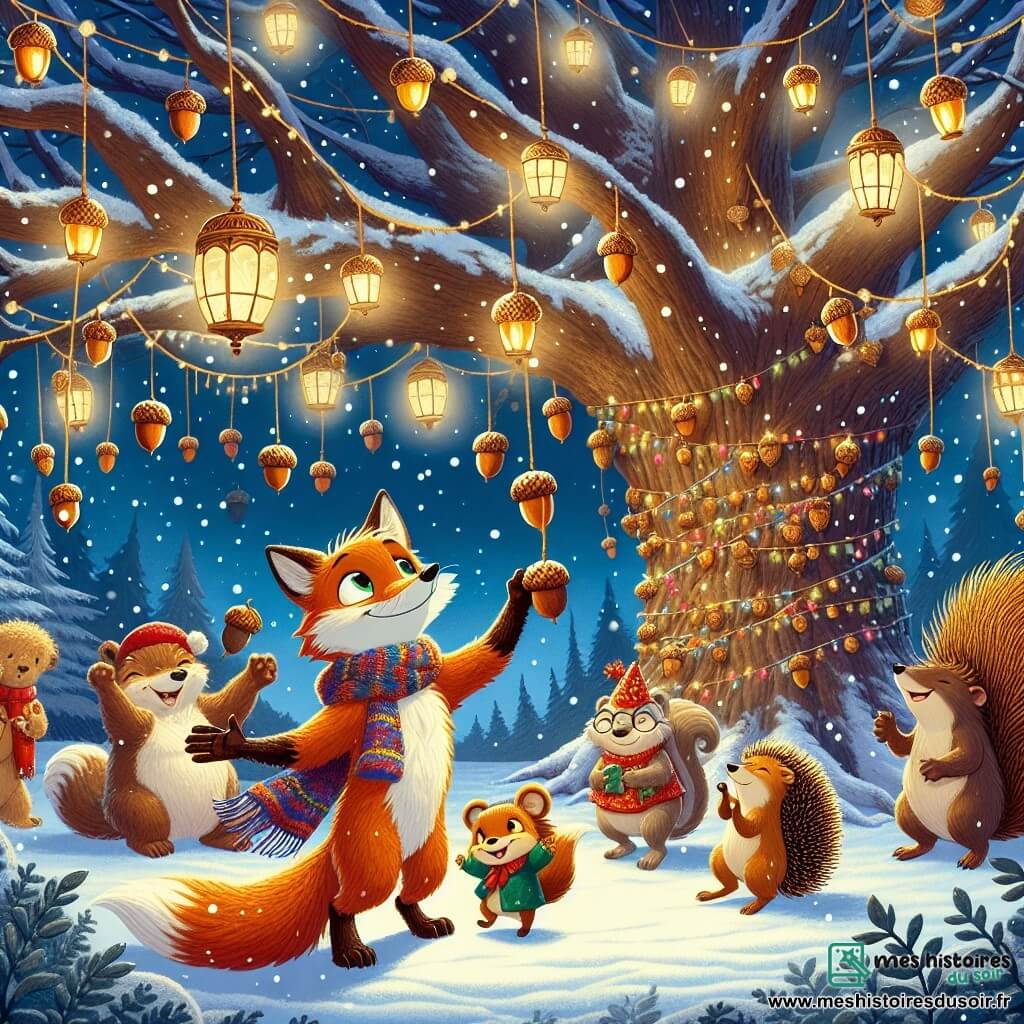 Un jeune renard nommé Félix, aux poils roux et aux yeux curieux, se tient joyeusement au centre d'une clairière enneigée, entouré de guirlandes de glands et de lanternes scintillantes, prêt à célébrer le Nouvel An. À sa droite, Madame Noisette, une dame écureuil au pelage brun et à l'écharpe colorée, ajuste une guirlande de glands. À sa gauche, Henri le hérisson, avec ses piquants dorés et un chapeau de fête, danse avec enthousiasme. La scène se déroule sous un vieux chêne majestueux, illuminé par des lanternes, tandis que des flocons de neige tombent, créant une ambiance féerique. Félix et ses amis se rassemblent autour du chêne, prêts à célébrer la nouvelle année avec des rires et des danses.