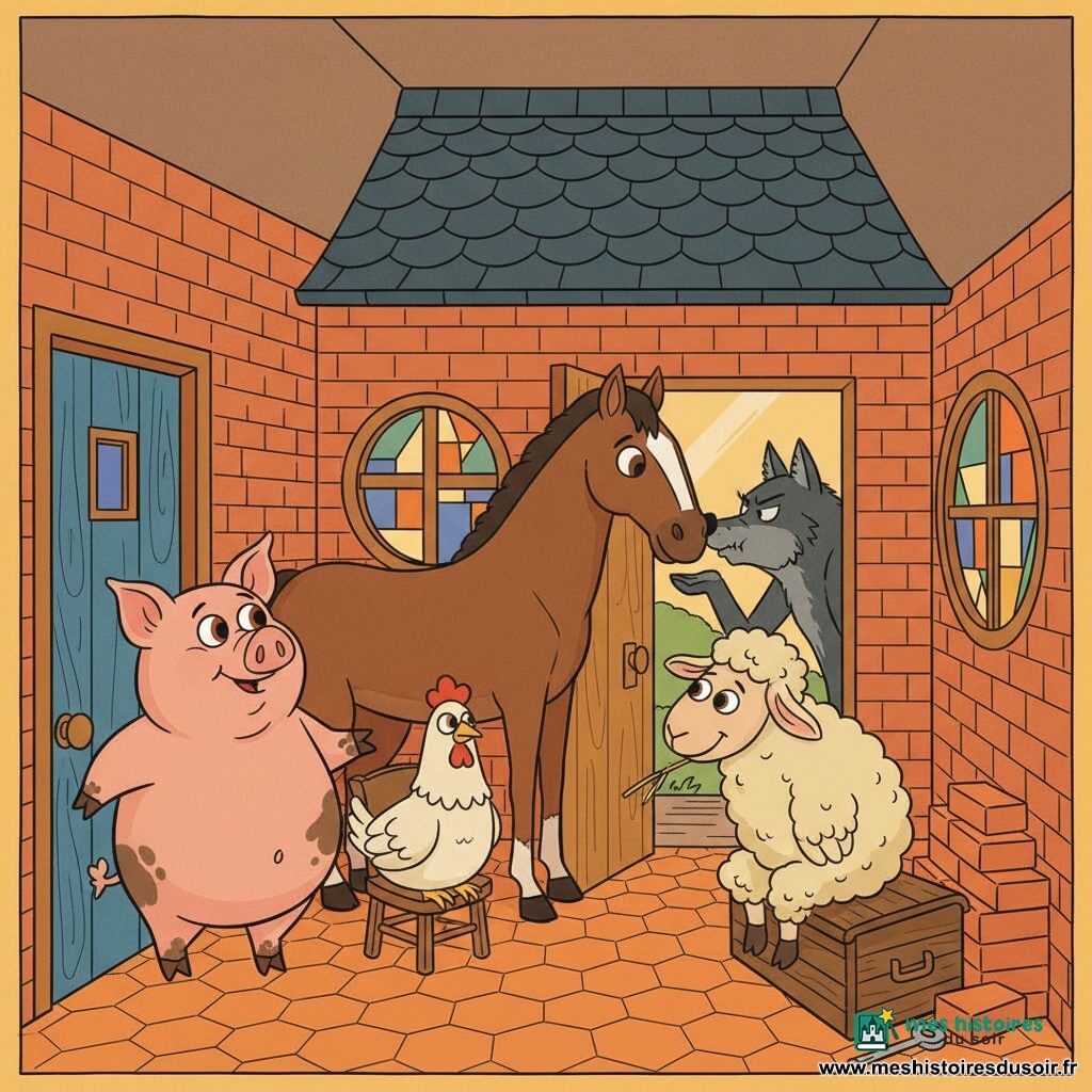 Gaston, un cochon rose dodu au regard fier et quelques taches de boue sur les pattes, pose une patte sur la poignée d'une porte en bois bleu pour montrer la maison ; à l'intérieur ses amis — une poule blanche au plumage duveteux perchée sur une chaise près d'une fenêtre ronde, un mouton crème souriant tenant un brin de paille assis sur un coffre à outils à côté d'une pile de briques, et un grand cheval brun stylisé appuyé contre le mur tenant une planche — sont réunis, protégés et unis, tandis qu'à l'extérieur on voit par la porte vitrée et la fenêtre un loup gris foncé anguleux soufflant contre la porte ; la maison est en briques rouges avec toit d'ardoise, carreaux colorés aux fenêtres, outils et briques empilés, sol en tomettes orangées, ambiance chaleureuse aux couleurs chaudes ponctuées de bleus et de gris pour le loup.