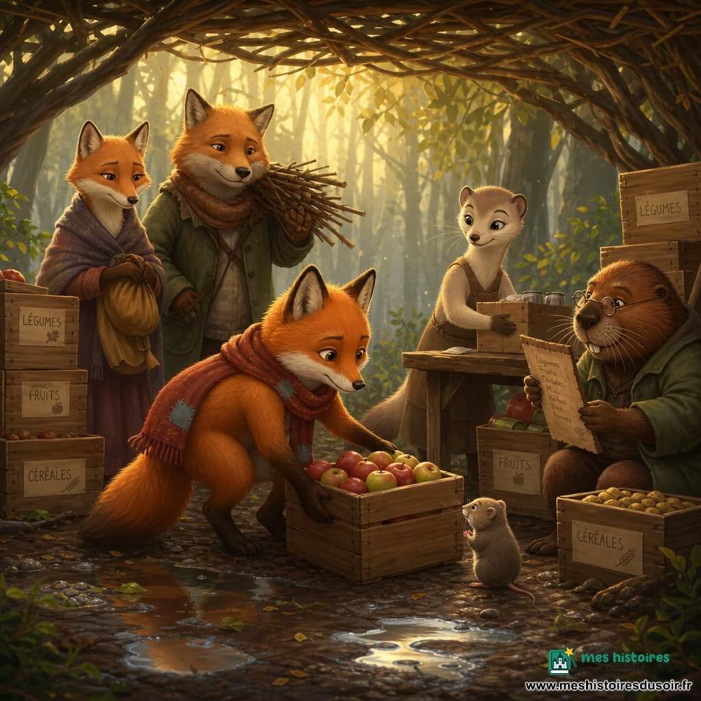 Léo, un jeune renard roux au pelage doux portant une écharpe rapiécée rouge, pose délicatement une caisse de pommes ; derrière lui la mère renarde, fine et calme, aux yeux fatigués mais sereins tient un petit sac et le regarde avec fierté, le père, trapu et solide, porte un fagot de bois sur l'épaule et se tient prêt à aider ; une belette vive au pelage crème range des boîtes sur une table en bois, un vieux castor roux aux moustaches humides supervise la distribution avec une liste en écorce assis près de caisses étiquetées, et un petit campagnol timide, yeux ronds pleins de gratitude, se tient au ras du sol devant la caisse ; la clairière sous un grand auvent tressé est jonchée de caisses étiquetées « légumes », « fruits », « céréales », le sol boueux présente des flaques et des rayons de lumière pâle filtrent à travers les arbres mouillés, formant une banque alimentaire communautaire empreinte de solidarité et d'espoir.
