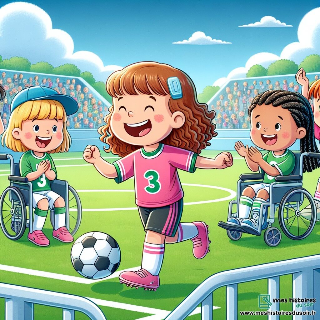 Au centre de l'image, Lisa, une fille de huit ans aux cheveux bouclés et bruns, dribble un ballon de football avec un grand sourire, portant un maillot rose et un short noir. À sa droite, Emma, une fille de neuf ans en fauteuil roulant avec des cheveux blonds et une casquette bleue, lève les bras en signe d'encouragement. À gauche, Clémence, huit ans avec des tresses noires et un maillot vert, applaudit avec enthousiasme. Nina, sept ans aux cheveux courts et roux, court vers Lisa pour recevoir une passe. Le terrain de football est verdoyant, entouré de barrières blanches et de spectateurs. En arrière-plan, le ciel est bleu avec quelques nuages et des arbres ajoutent une touche de nature. Lisa passe le ballon à Emma, prête à marquer, tandis que leurs amies les encouragent, illustrant l'esprit d'équipe et l'amitié.