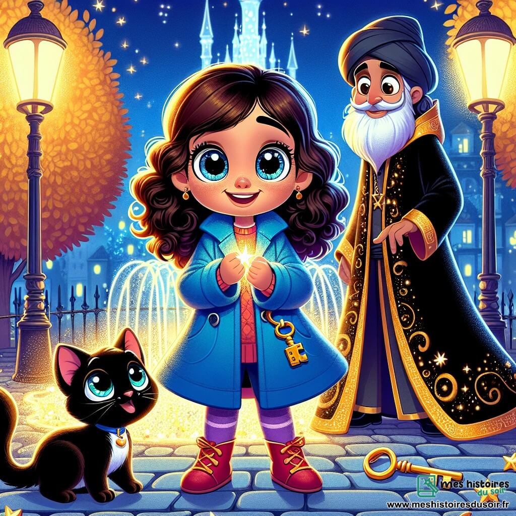 Au centre de l'image, Lila, une petite fille de 6 ans avec des yeux pétillants et des cheveux bruns bouclés, porte un manteau bleu vif et des chaussures rouges. Elle sourit, tenant une clé brillante, entourée d'une aura magique. À côté d'elle se trouve Minou, un chat noir aux yeux verts, qui se tient sur ses pattes arrière, avec une étoile brillante au-dessus de sa tête. En arrière-plan, un sorcier d'environ 40 ans, avec une longue barbe blanche et un manteau noir orné d'étoiles, sourit en levant la main dans un geste magique. Le décor est un parc urbain enchanteur avec des arbres aux feuilles dorées, une fontaine scintillante et des lampadaires colorés. Lila, Minou et le sorcier célèbrent la découverte de la clé qui sauve la magie des rêves, tandis que des éclats de lumière flottent dans l'air, remplissant la scène de joie et d'émerveillement.
