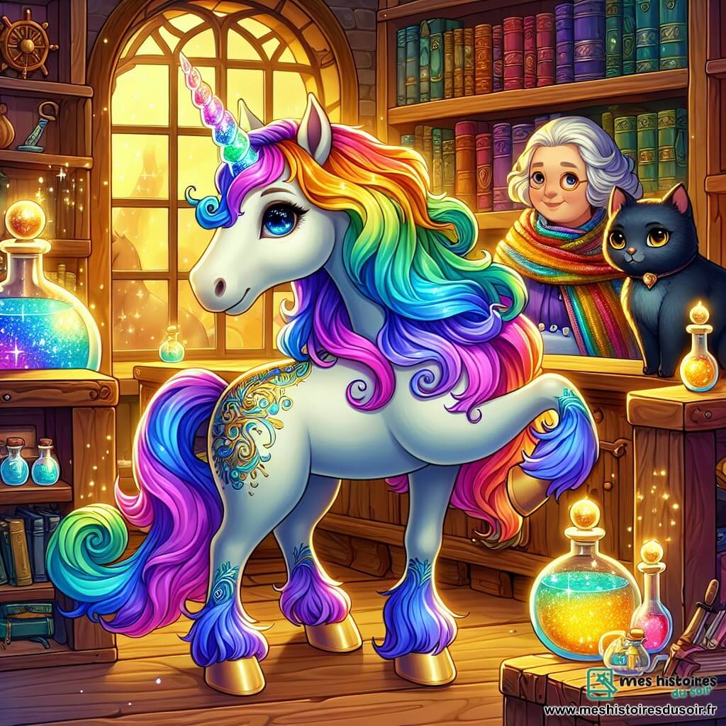 Au centre de l'image, une licorne colorée avec une crinière arc-en-ciel exprime détermination et curiosité, prête pour une nouvelle aventure. À ses côtés, un chat noir nommé Minuit, aux yeux dorés, l'observe depuis un muret, affichant une posture confiante. En arrière-plan, Luminéa, une vieille femme de 70 ans, est assise derrière un comptoir en bois, entourée de fioles et de livres anciens. Elle sourit à la licorne tout en tenant une carte en parchemin. Le lieu, une boutique magique appelée "Antiquités et Enchantements", est rempli d'objets mystérieux et d'une lumière dorée. La scène montre la licorne prête à partir, encouragée par Minuit et conseillée par Luminéa, créant une atmosphère dynamique et magique.