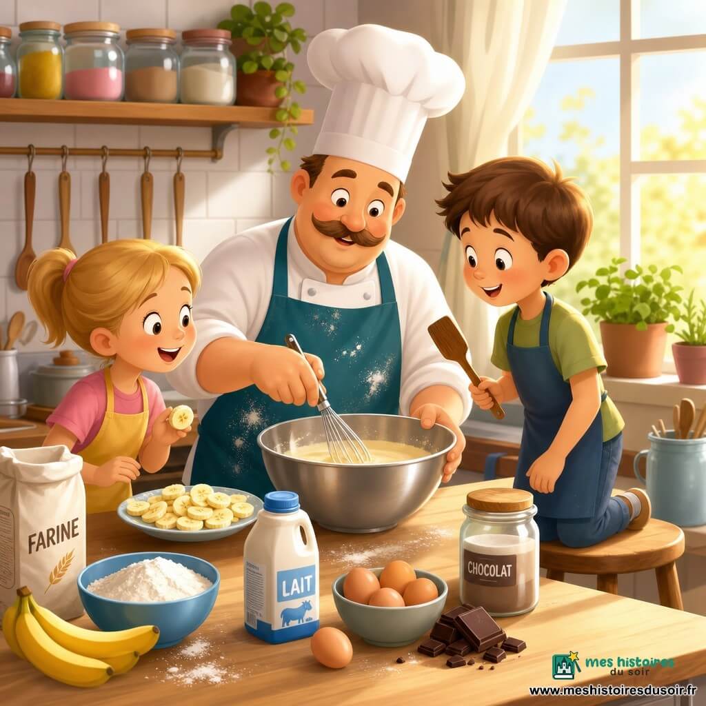 Le chef Pierre, souriant et bienveillant, visage rond et moustache, toque blanche haute et tablier bleu pétrole tâché, mélange une pâte à crêpes dans un grand bol métallique sur un plan de travail en bois; à sa droite, Lucas, 8 ans, cheveux bruns courts, debout sur un tabouret, tient une spatule et regarde le bol; à sa gauche, Lily, 7 ans, cheveux blonds en couette, tient des rondelles de banane près d'une petite assiette; la cuisine lumineuse, carreaux blancs, plantes sur le rebord, étagères avec bocaux colorés et cuillères suspendues, grande fenêtre laissant entrer une lumière dorée; scène : atelier de crêpes joyeux où le chef montre aux enfants les gestes, avec farine, œufs, lait, bananes et chocolat posés sur le plan de travail, ambiance chaleureuse et conviviale.