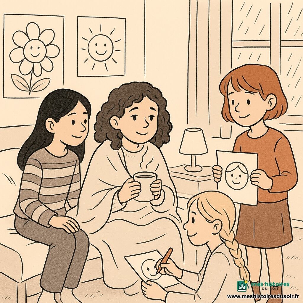 Dans une chambre chaleureuse et lumineuse, quatre enfants sont présents : Lina, presque 12 ans, avec des cheveux bruns bouclés, est assise sur un lit avec une tasse de chocolat chaud. Maya, 12 ans, avec des cheveux noirs lisses, porte un pull à rayures et sourit à Lina depuis le bord du lit. Inès, 11 ans et demi, avec des cheveux blonds en tresse, est accroupie près du lit avec un feutre coloré. Nora, presque 12 ans, aux cheveux roux courts, est debout tenant un dessin. La chambre est décorée de posters colorés, une lampe douce, et un tapis moelleux. Des coussins sont éparpillés, et la pluie tombe doucement dehors. Lina, légèrement fiévreuse, est entourée de ses amies qui la réconfortent et l'aident à préparer des messages pour la "Boîte à sourires", créant une atmosphère de solidarité et de bienveillance.