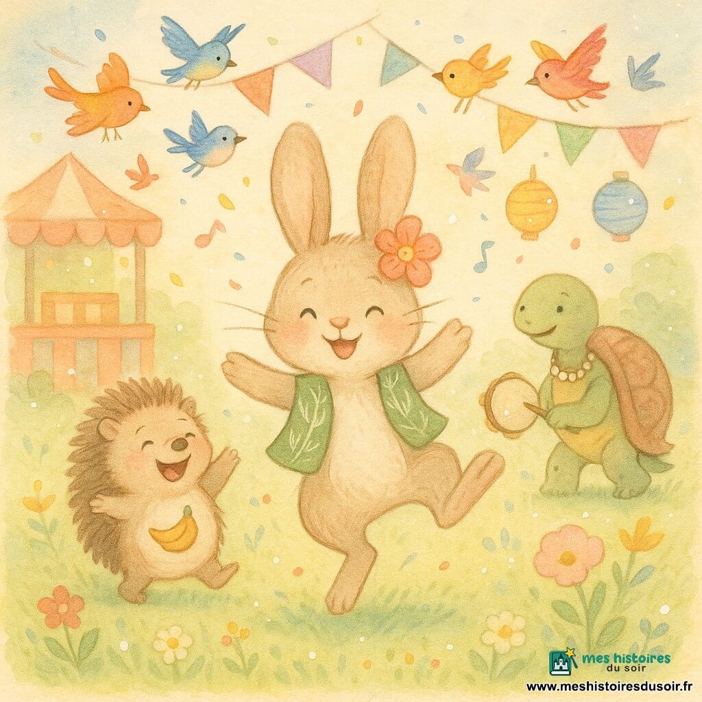Petit lapin Léo au visage rond et oreilles longues, portant un gilet de feuilles vertes et une fleur en papier, saute joyeusement au centre d'un carnaval champêtre; autour de lui, le hérisson Hugo, souriant avec une banane peinte sur le ventre à gauche, et Madame Tortue à carapace brune et collier de perles frappe un tambourin à droite, tandis que des oiseaux colorés voltigent et se posent sur une guirlande, des stands en bois, lanternes multicolores et confettis parsèment la prairie fleurie.