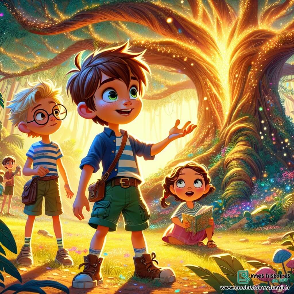 Au centre de l'image, Max, un garçon de 8 ans aux cheveux châtains et aux yeux curieux, se tient devant un immense arbre magique. Il est vêtu d'une chemise bleue et d'un short vert, exprimant excitation et émerveillement. À sa droite, Tom, également âgé de 8 ans, avec des lunettes rondes et des cheveux blonds en bataille, sourit en admirant l'arbre. À gauche, Léa, une fille de 7 ans aux cheveux bruns tressés, tient un carnet, prête à dessiner. Le cadre est une clairière enchantée, baignée de lumière dorée, entourée de grands arbres et de fleurs colorées, où des créatures magiques se cachent. Max, Tom et Léa découvrent l'arbre qui brille, tandis qu'une voix mystérieuse s'élève de ses branches, leur proposant des épreuves pour accéder aux objets magiques qu'il garde.