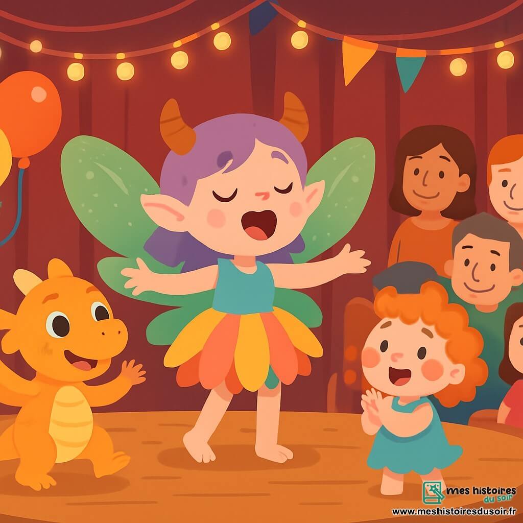 Lila, une petite fée aux ailes vertes et aux cornes douces, se tient sur une scène en bois, souriante et excitée. Elle porte une robe de pétales de fleurs colorées et chante avec confiance, les bras ouverts vers le public. À côté d'elle, Tom, un petit dragon aux écailles dorées, danse joyeusement, tandis que Zoé, une créature aux taches roses et aux cheveux bouclés, applaudit avec enthousiasme. La scène est décorée de guirlandes lumineuses et de ballons colorés, avec des parents et amis souriants et attentifs. Lila chante entourée de ses amis, partageant un moment magique de joie.
